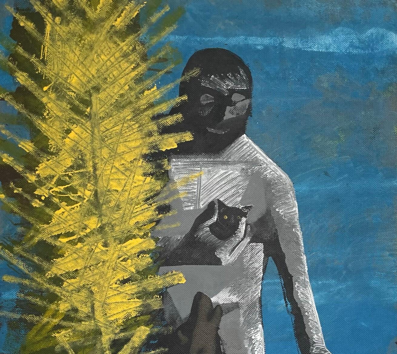Mann mit Kätzchen - 21. Jahrhundert, Figurative Malerei, Landschaft, Blau, Gelb – Painting von Alexandru Rădvan