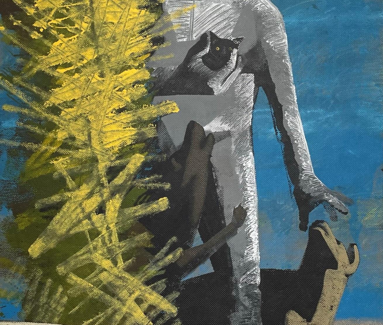 Mann mit Kätzchen - 21. Jahrhundert, Figurative Malerei, Landschaft, Blau, Gelb (Zeitgenössisch), Painting, von Alexandru Rădvan