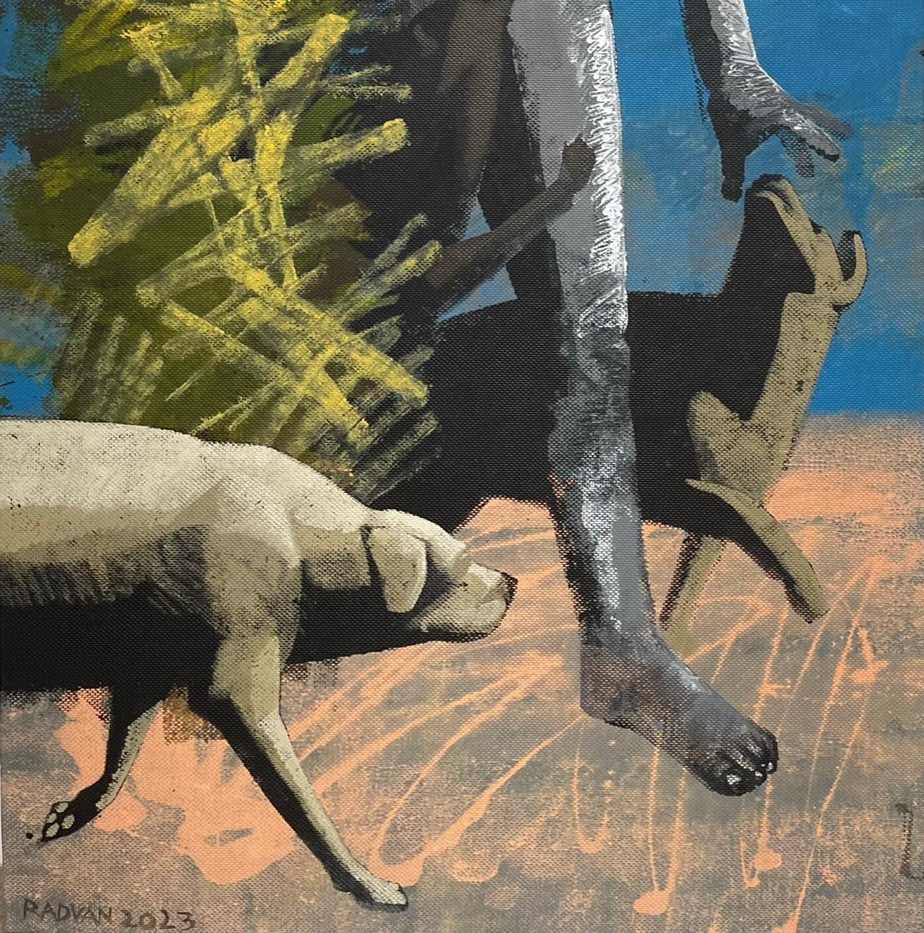 Hombre con gatito - Siglo XXI, Pintura figurativa, Paisaje, Azul, Amarillo - Landscape Painting Gris de Alexandru Rădvan