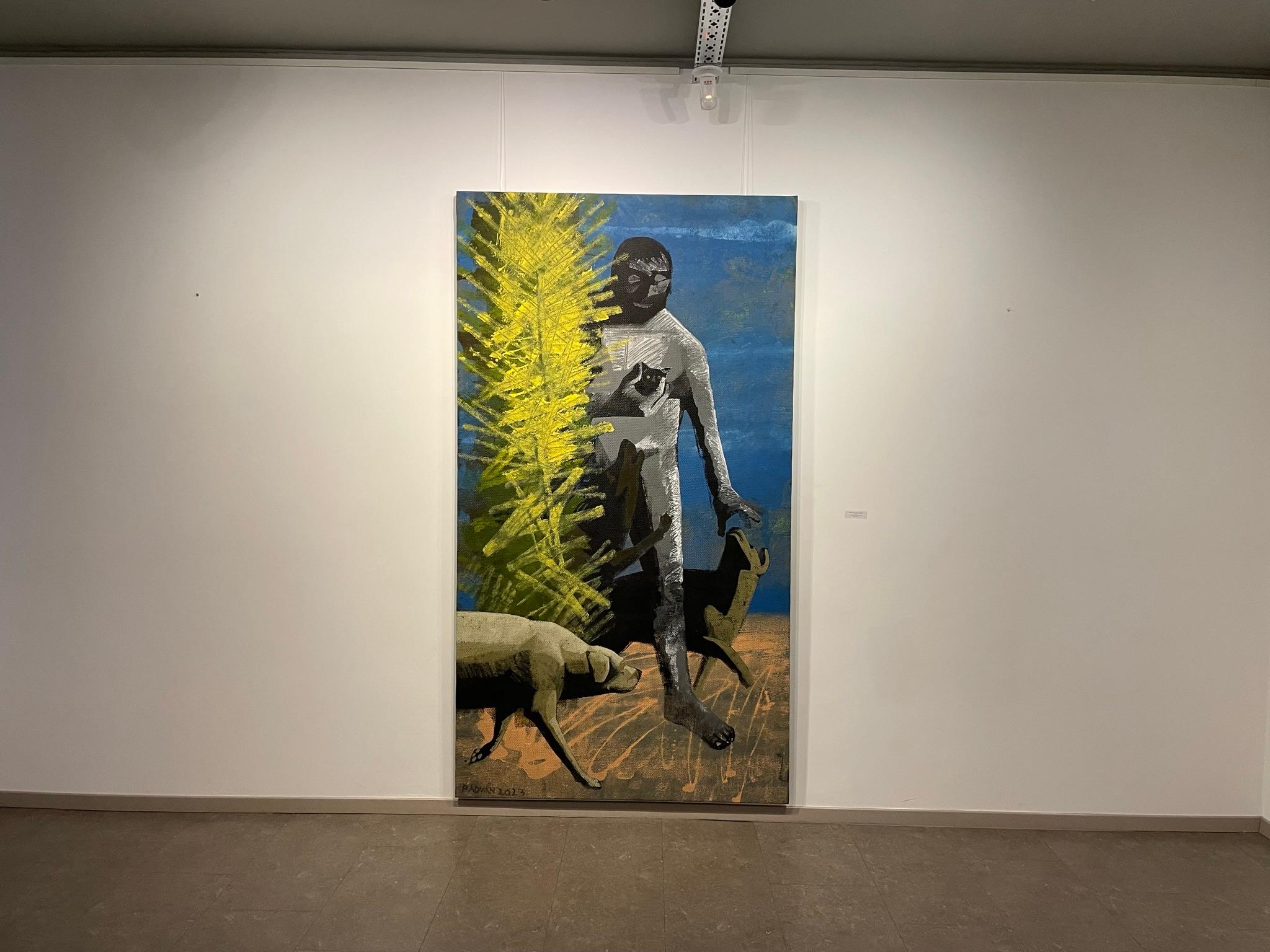 Mann mit Kätzchen - 21. Jahrhundert, Figurative Malerei, Landschaft, Blau, Gelb im Angebot 1