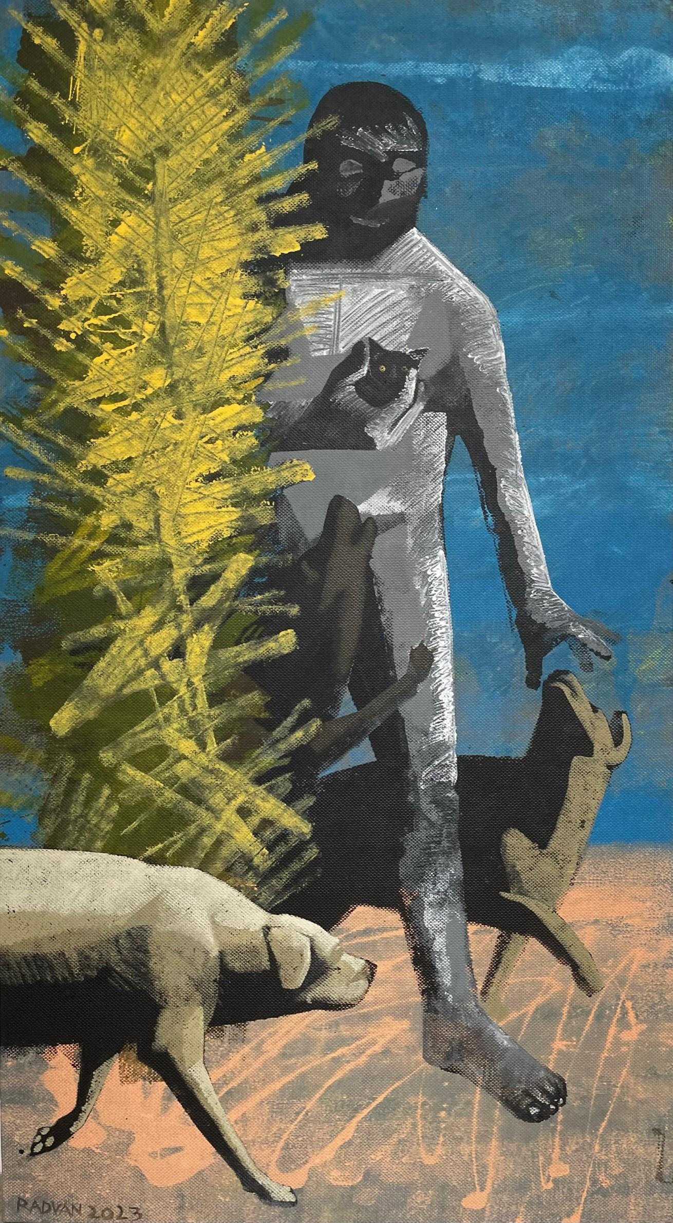 Alexandru Rădvan Landscape Painting – Mann mit Kätzchen - 21. Jahrhundert, Figurative Malerei, Landschaft, Blau, Gelb