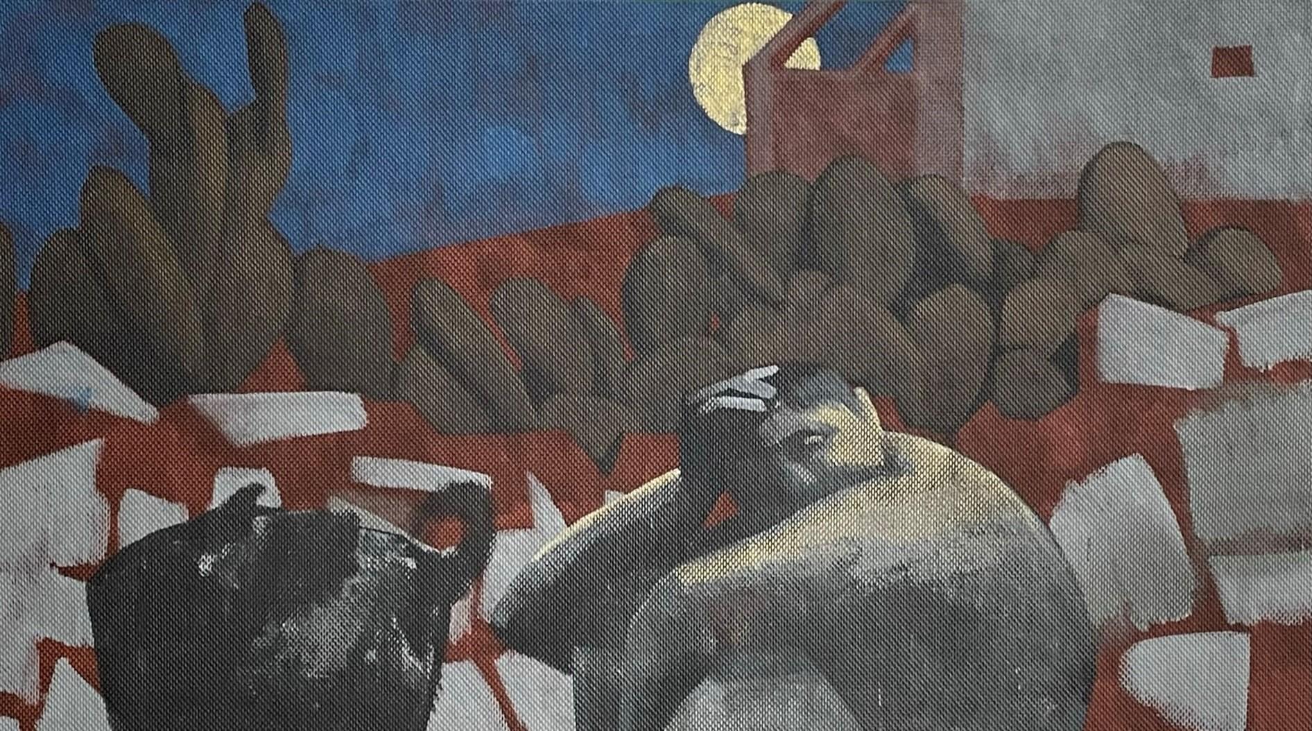 Mondaufgang – Figuratives Gemälde, Mond, Hund, Nacht, Landschaft – Painting von Alexandru Rădvan