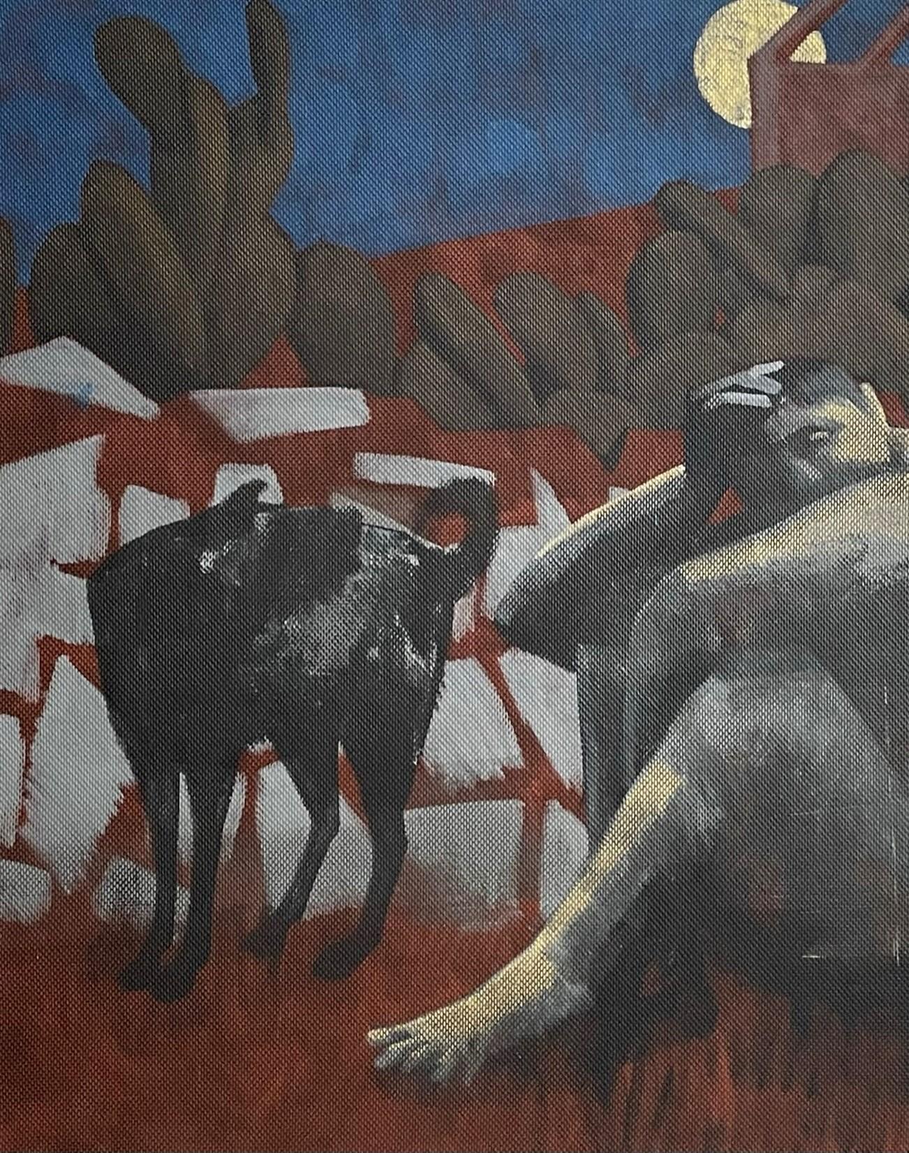 Mondaufgang – Figuratives Gemälde, Mond, Hund, Nacht, Landschaft (Zeitgenössisch), Painting, von Alexandru Rădvan