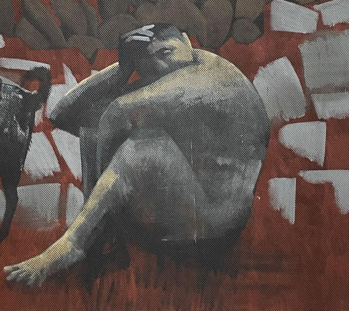 Mondaufgang – Figuratives Gemälde, Mond, Hund, Nacht, Landschaft (Schwarz), Landscape Painting, von Alexandru Rădvan