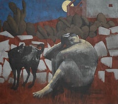 Moonrise - Figurative Painting, Moon, Dog, Night, Landscape