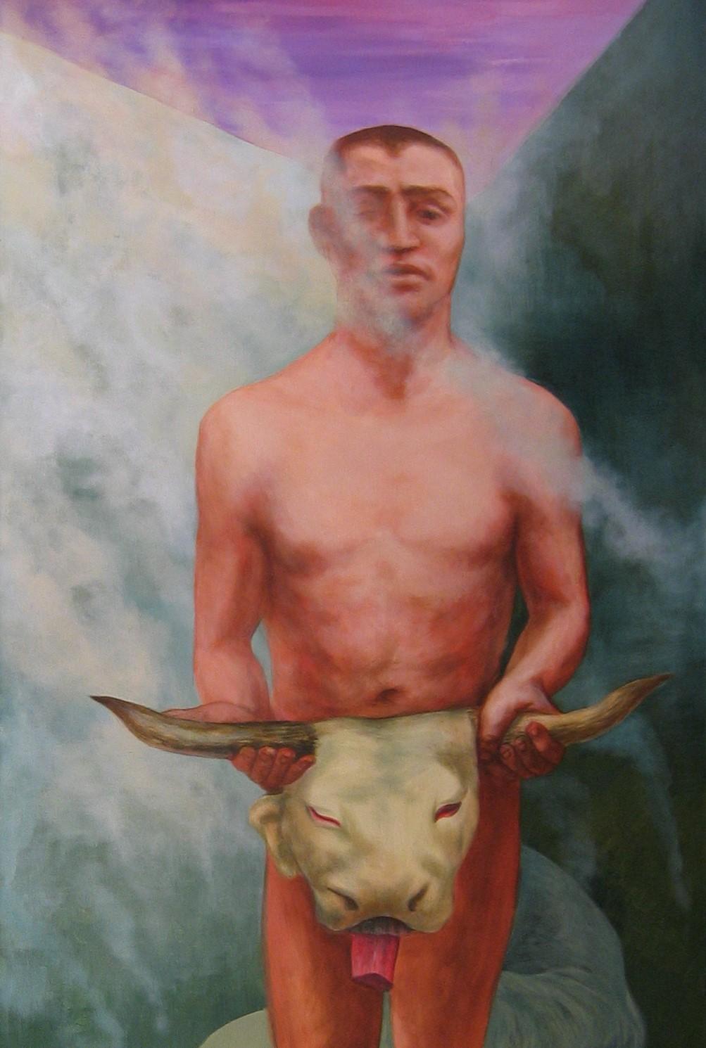 Morass - Peinture figurative, contemporaine, Homme, Tête de taureau, Mythe, Homme - Painting de Alexandru Rădvan