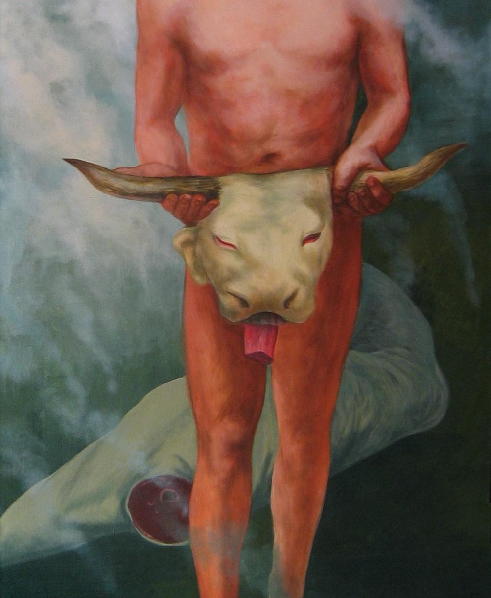 Morass - Peinture figurative, contemporaine, Homme, Tête de taureau, Mythe, Homme - Contemporain Painting par Alexandru Rădvan