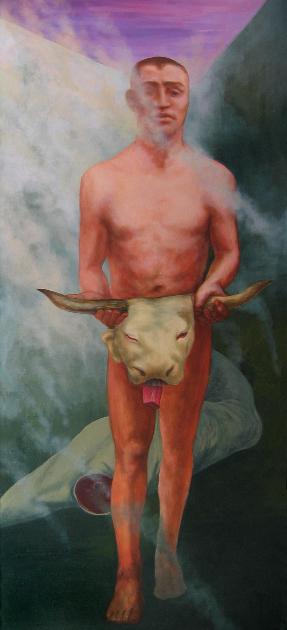 Figurative Painting Alexandru Rădvan - Morass - Peinture figurative, contemporaine, Homme, Tête de taureau, Mythe, Homme