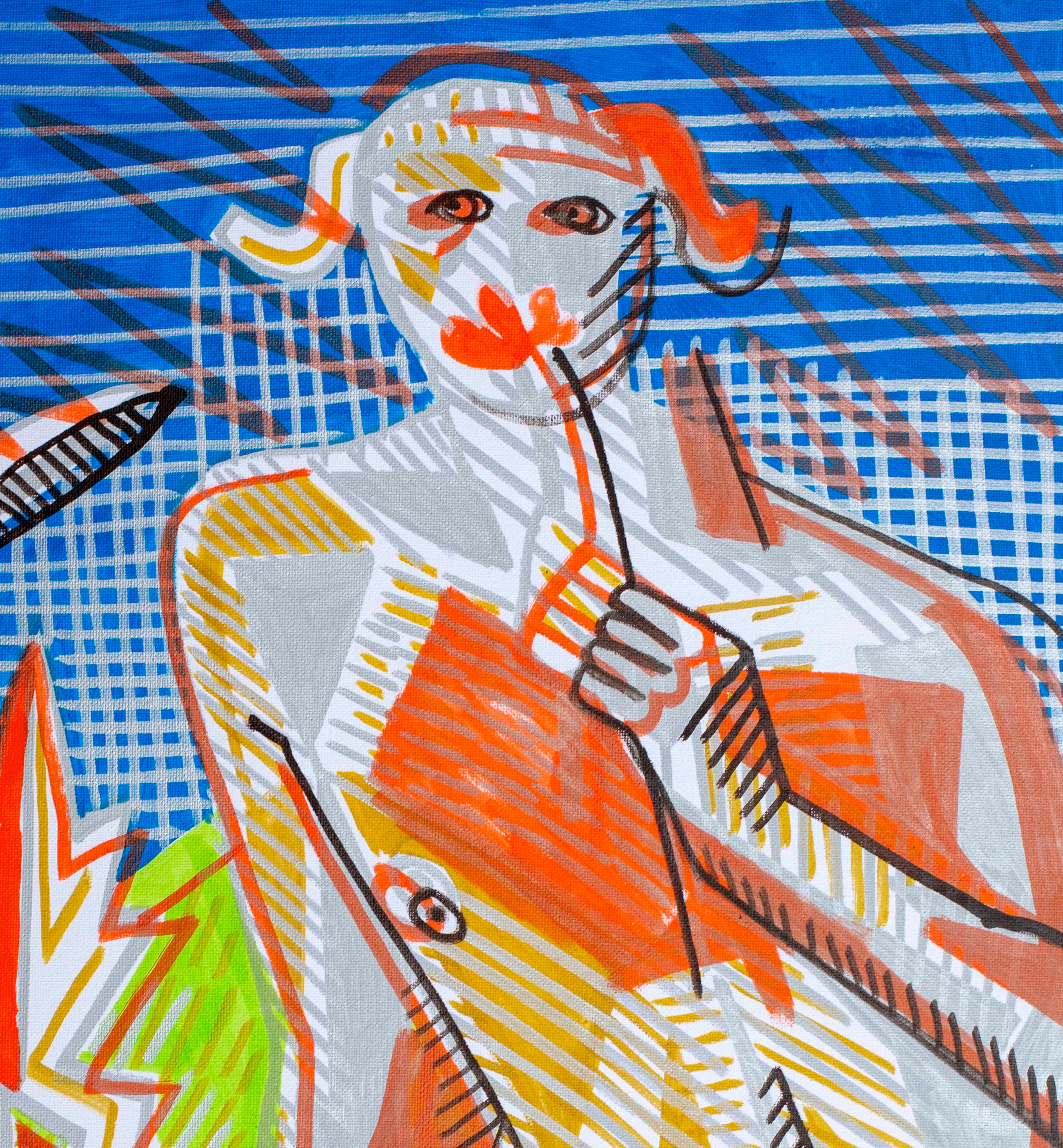 Mythologique I (Faune) - Art contemporain, Bleu, Orange, Nu, Fleur, Mythe - Painting de Alexandru Rădvan