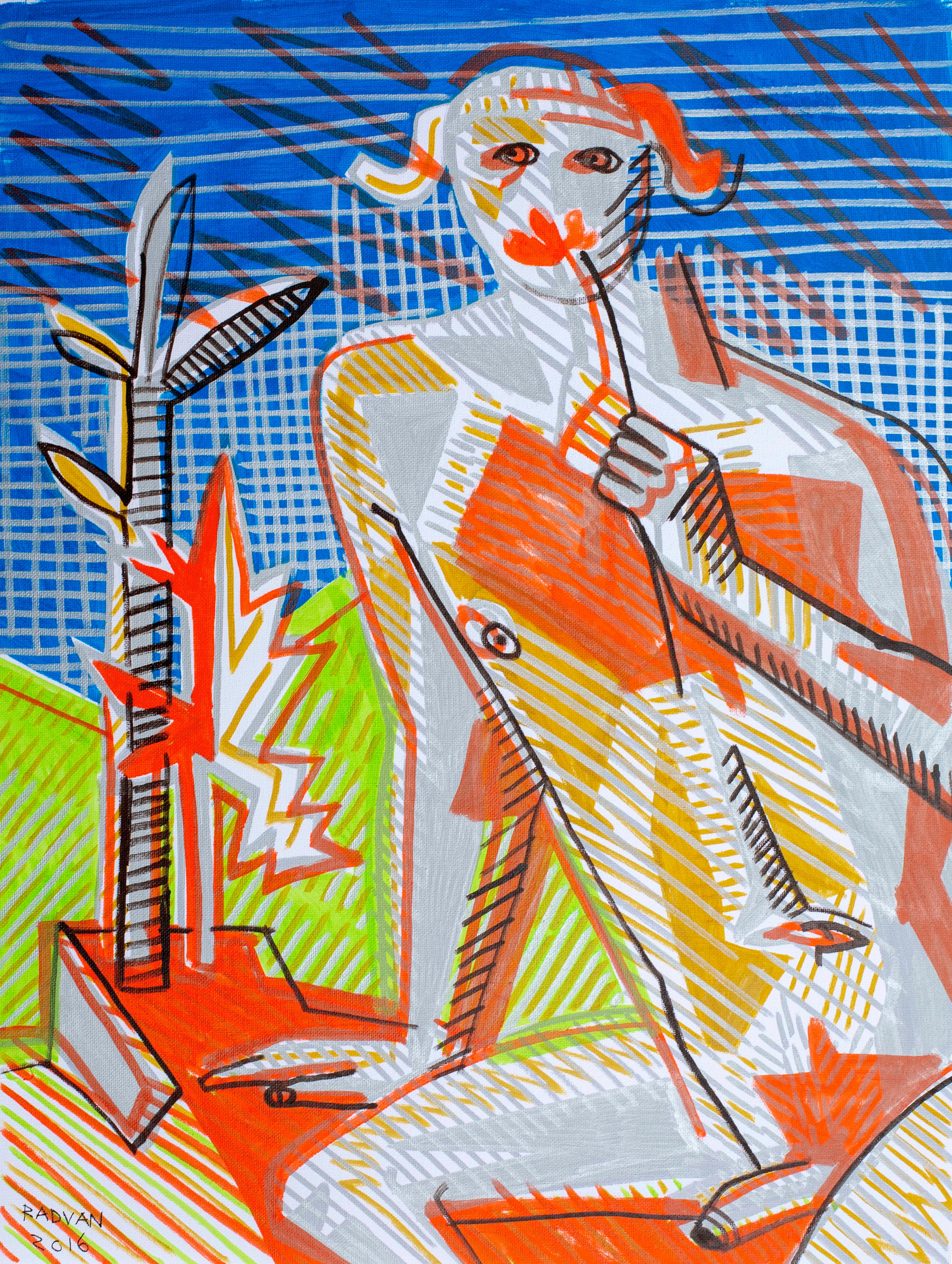 Mythological I (Faun) - Contemporary Art, Blue, Orange, Nude, Flower, Myth