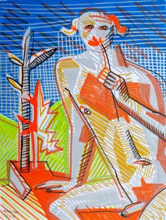 Mythological I (Faun) - Contemporary Art, Blue, Orange, Nude, Flower, Myth