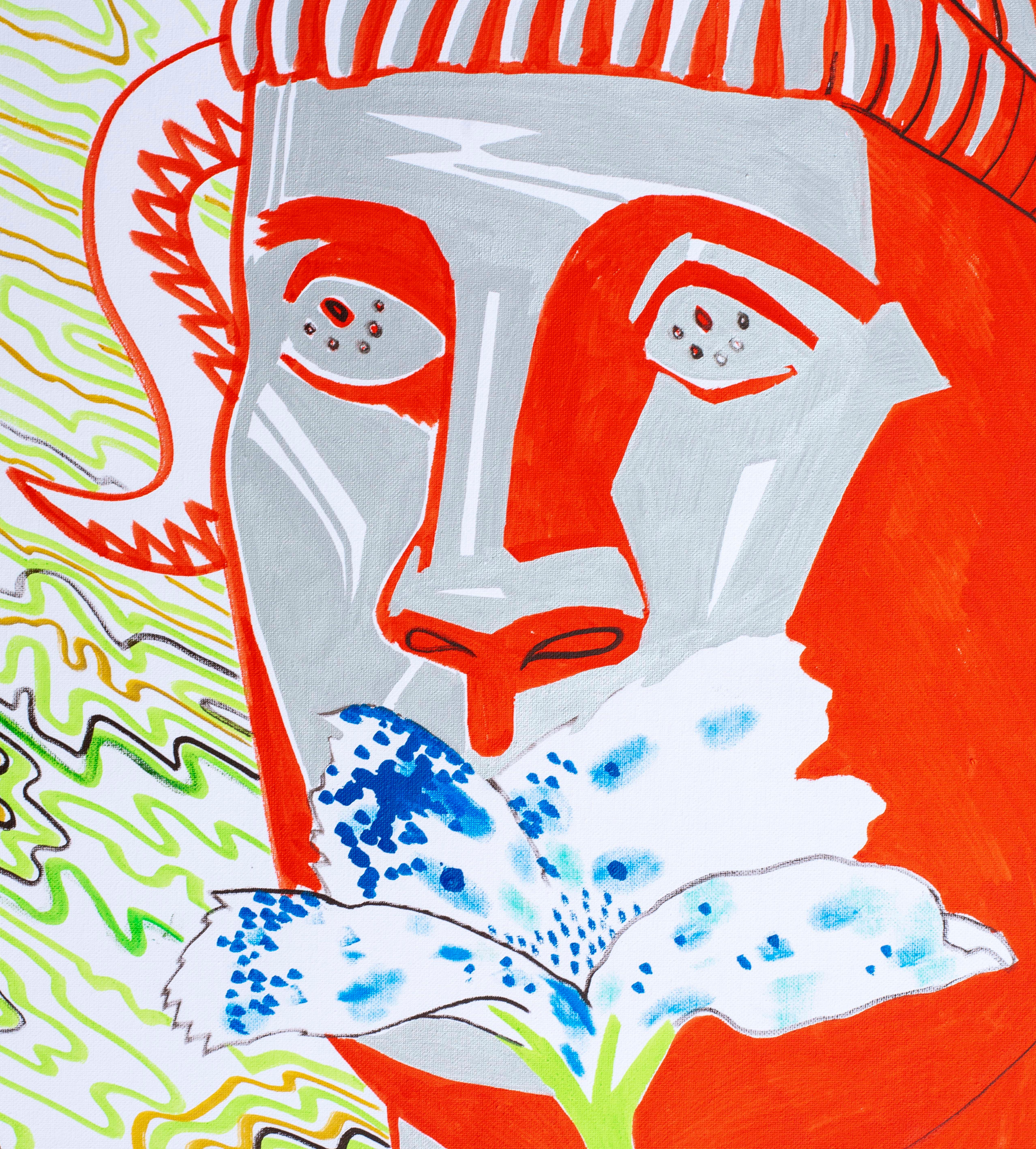 Mythologische Mythologie II (Faun) – 21. Jahrhundert, Rot, Blau, Blume, Mythologie, Zeitgenössische Kunst – Painting von Alexandru Rădvan