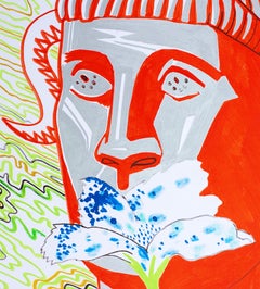Mitológico II (Fauno) - Siglo XXI, Rojo, Azul, Flor, Mito, Arte Contemporáneo