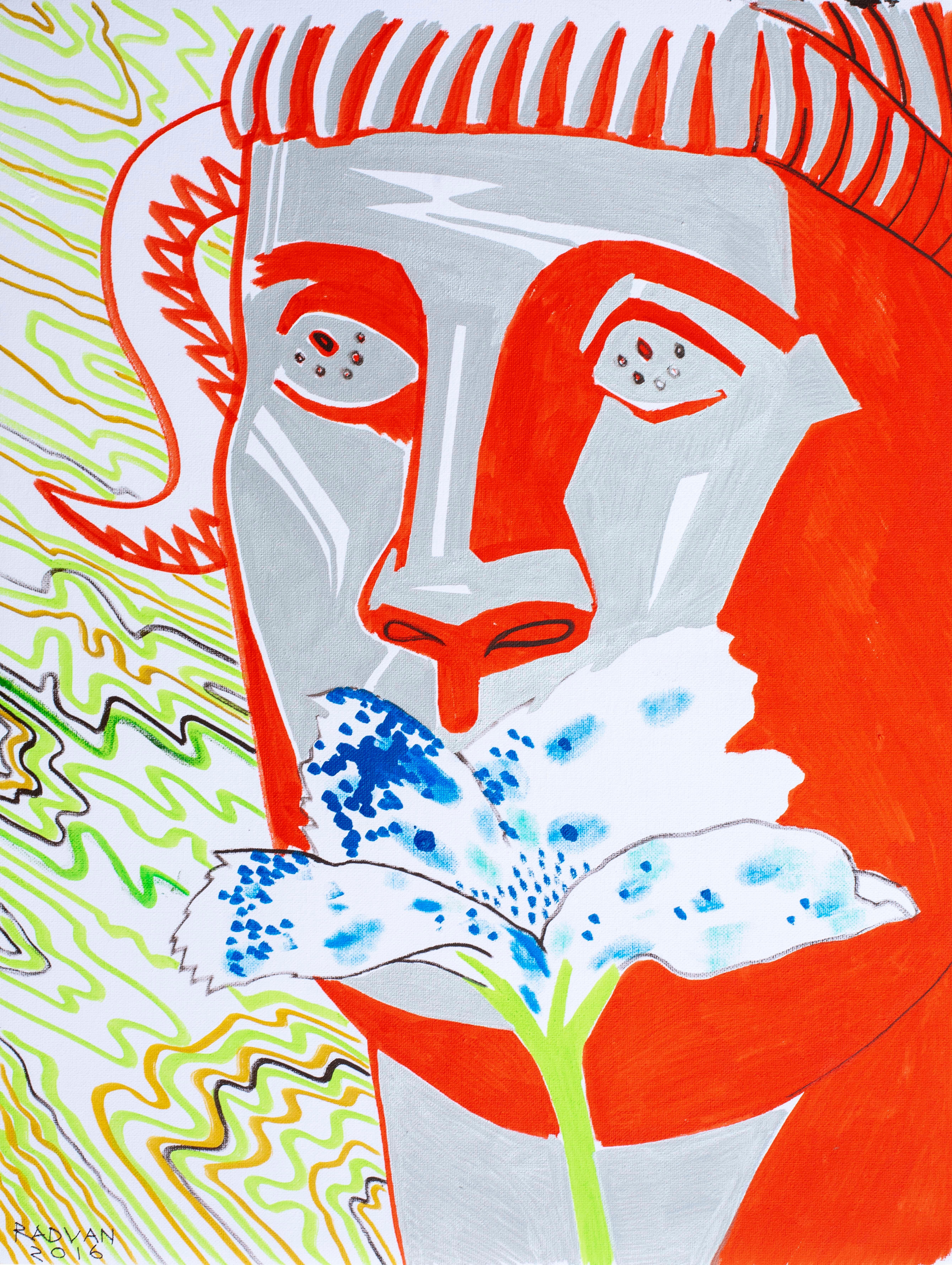 Alexandru Rădvan Figurative Painting – Mythologische Mythologie II (Faun) – 21. Jahrhundert, Rot, Blau, Blume, Mythologie, Zeitgenössische Kunst