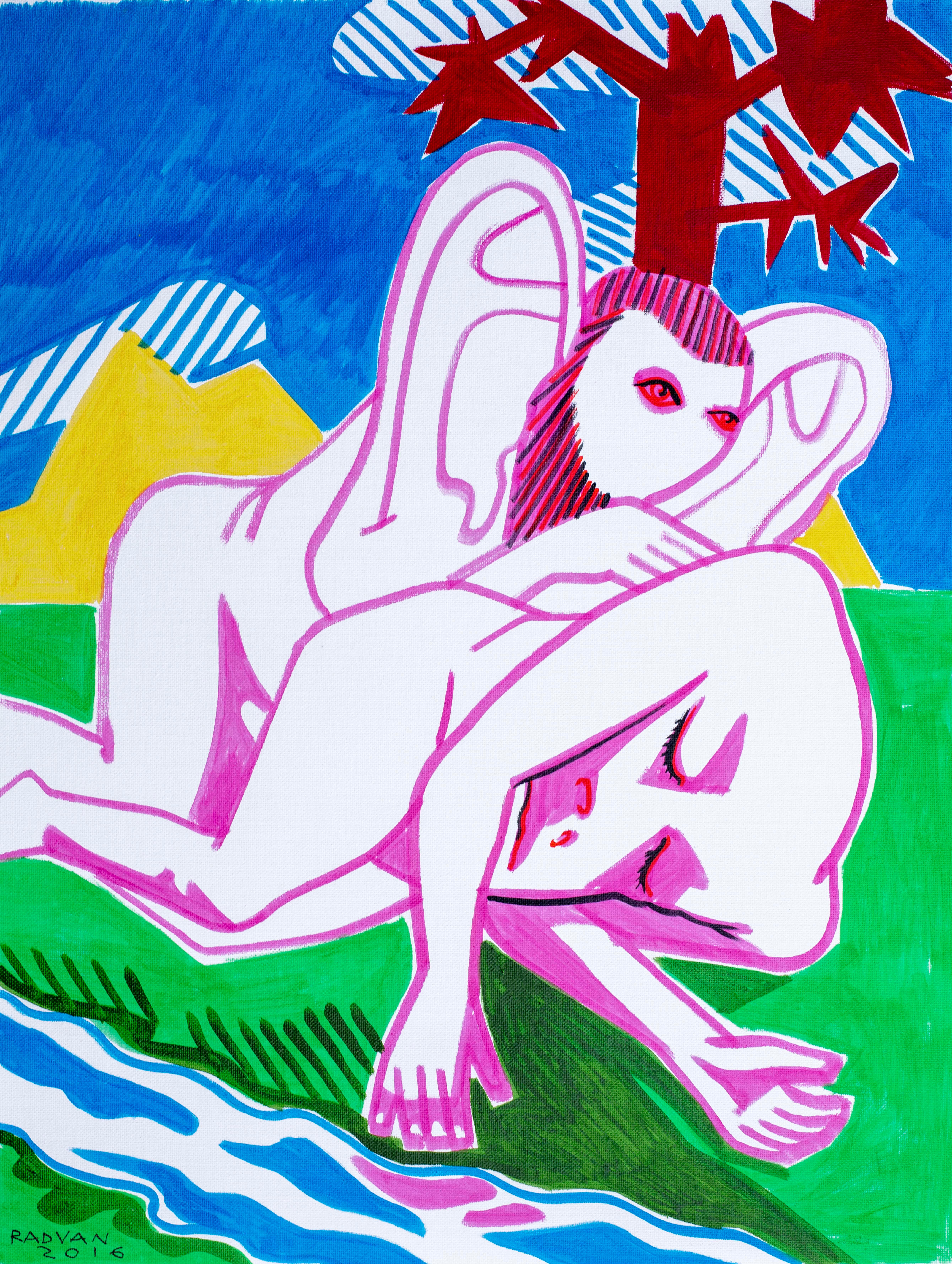 Alexandru Rădvan Nude Painting – Mythological VI (Panot und Blem) - Contemporary Art, Blau, Grün, Akt, Rosa