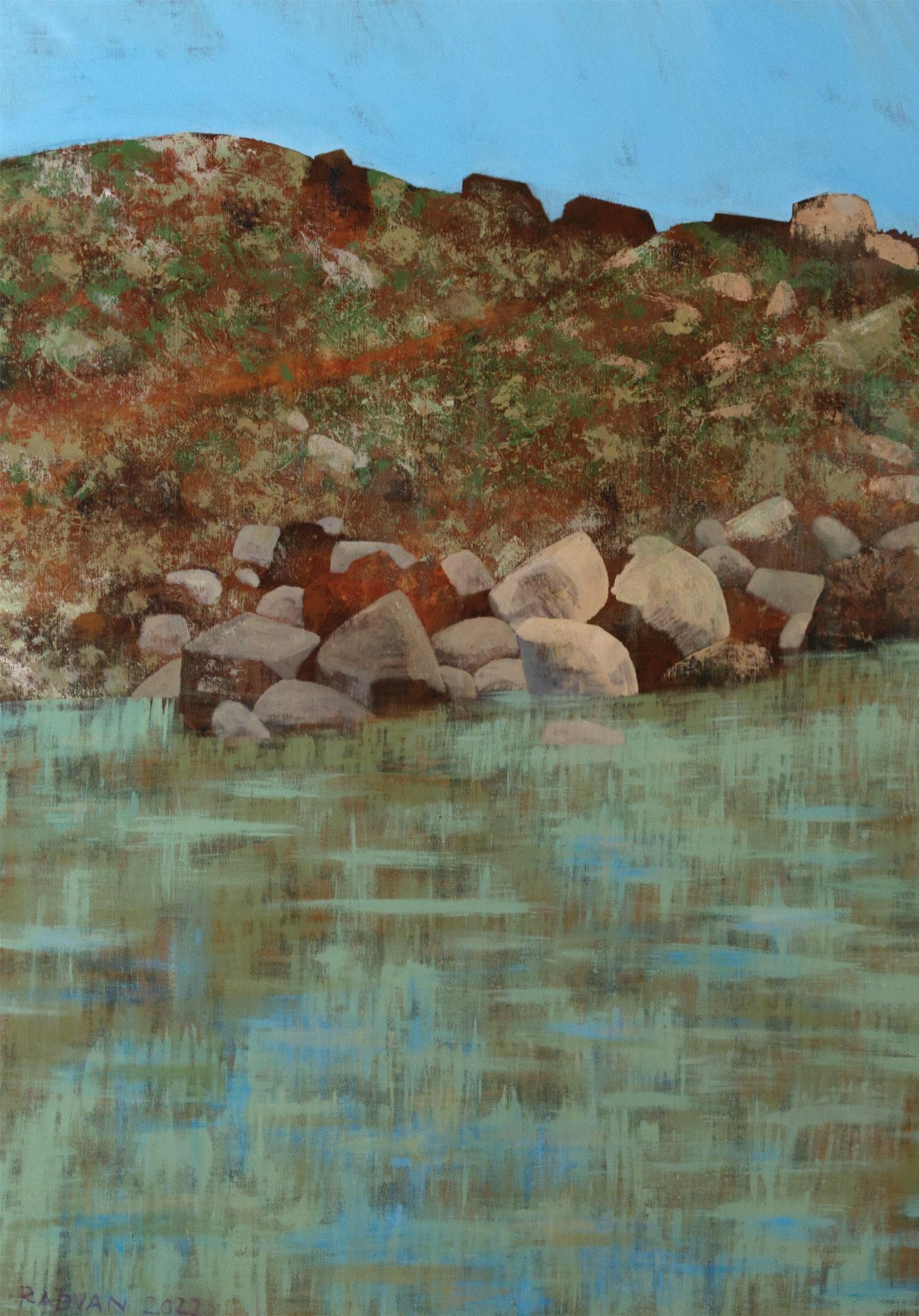 Noviembre - figurativo, mujer, paisaje, agua, mar, verde, azul - Painting de Alexandru Rădvan