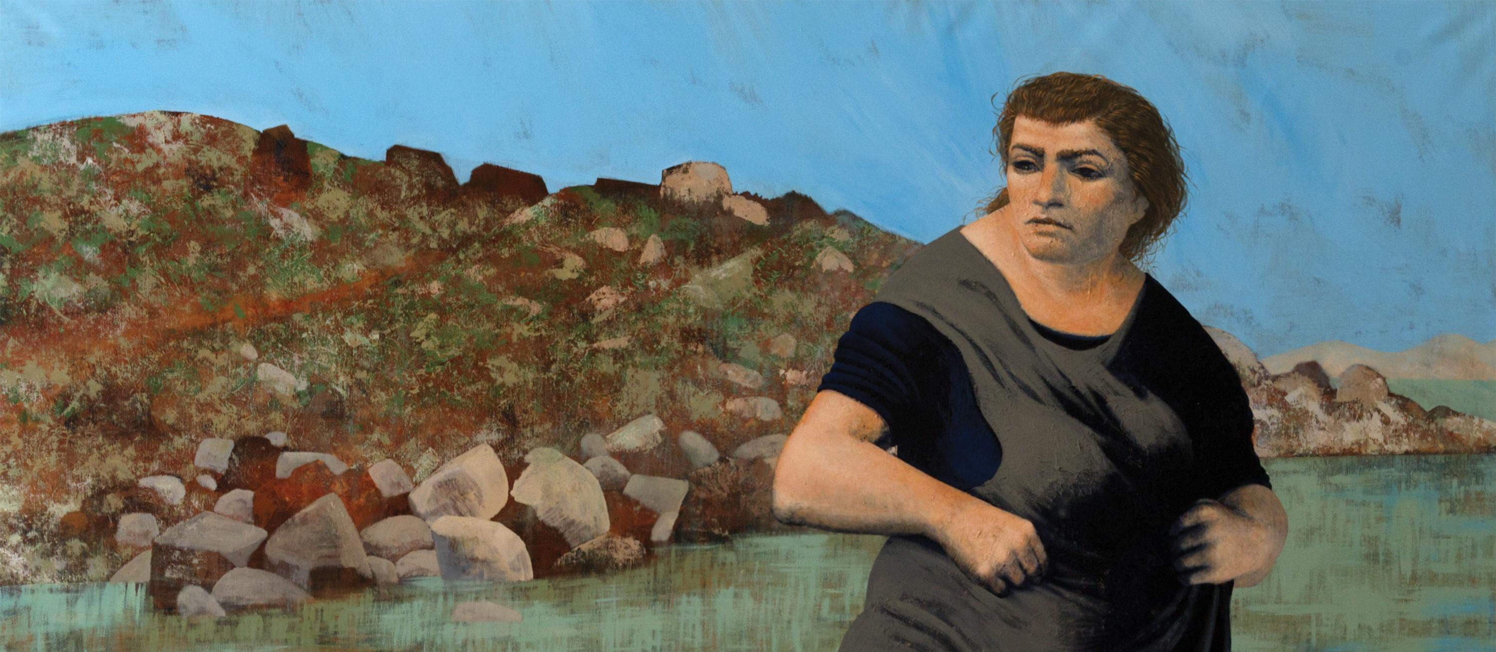 Noviembre - figurativo, mujer, paisaje, agua, mar, verde, azul - Painting Contemporáneo de Alexandru Rădvan