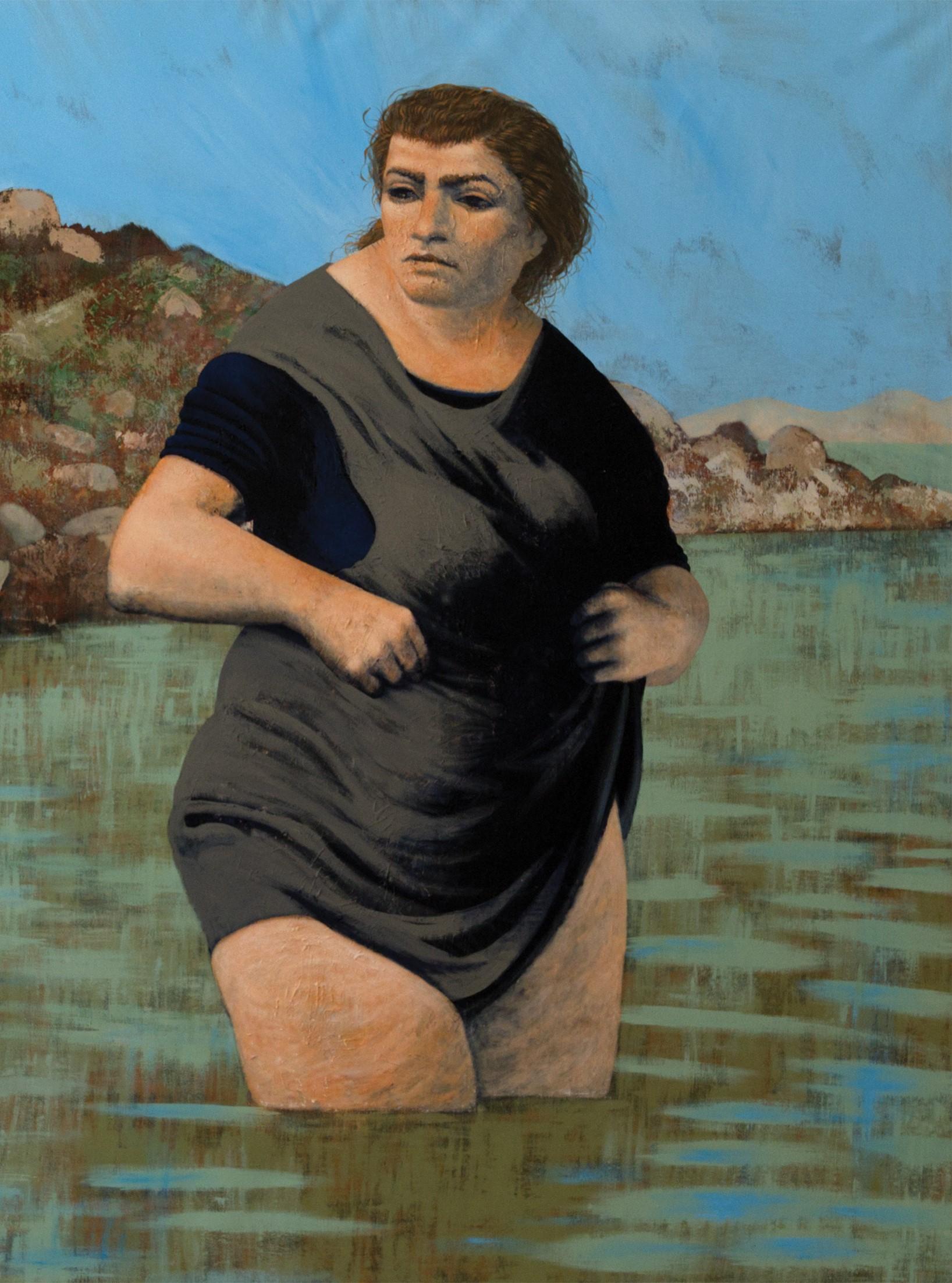 Noviembre - figurativo, mujer, paisaje, agua, mar, verde, azul - Figurative Painting Gris de Alexandru Rădvan