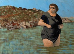 November - figurative, woman, landscape, water, sea, green, blue
