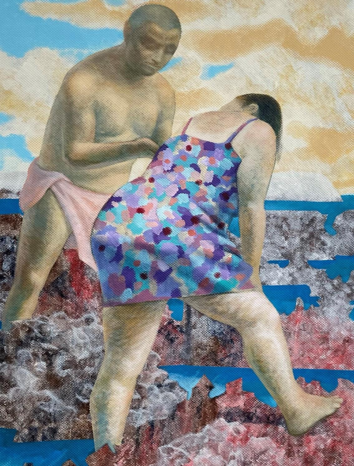 Menschen mit kleiner Krabbe - Meer, Blau, Figurative Malerei, Landschaft, Gelb – Painting von Alexandru Rădvan
