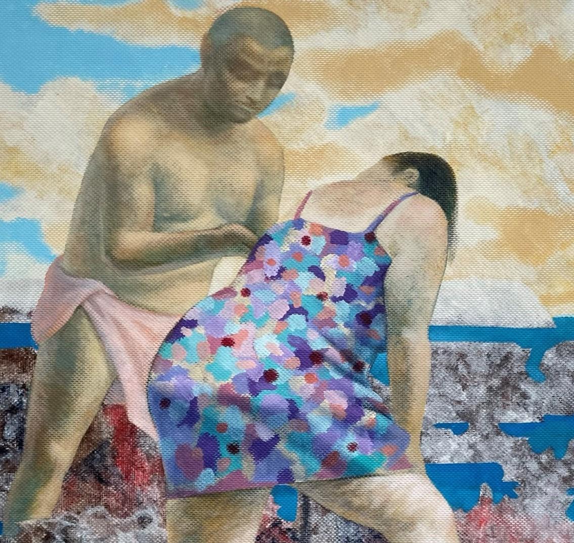 Menschen mit kleiner Krabbe - Meer, Blau, Figurative Malerei, Landschaft, Gelb (Zeitgenössisch), Painting, von Alexandru Rădvan