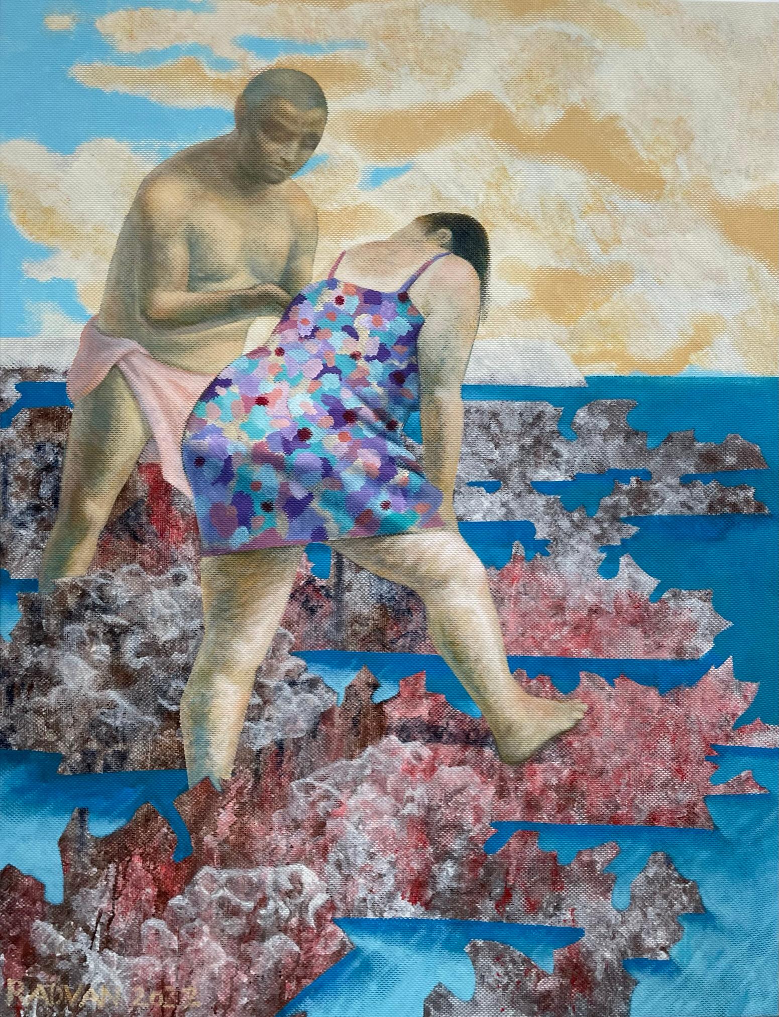 Alexandru Rădvan Landscape Painting – Menschen mit kleiner Krabbe - Meer, Blau, Figurative Malerei, Landschaft, Gelb