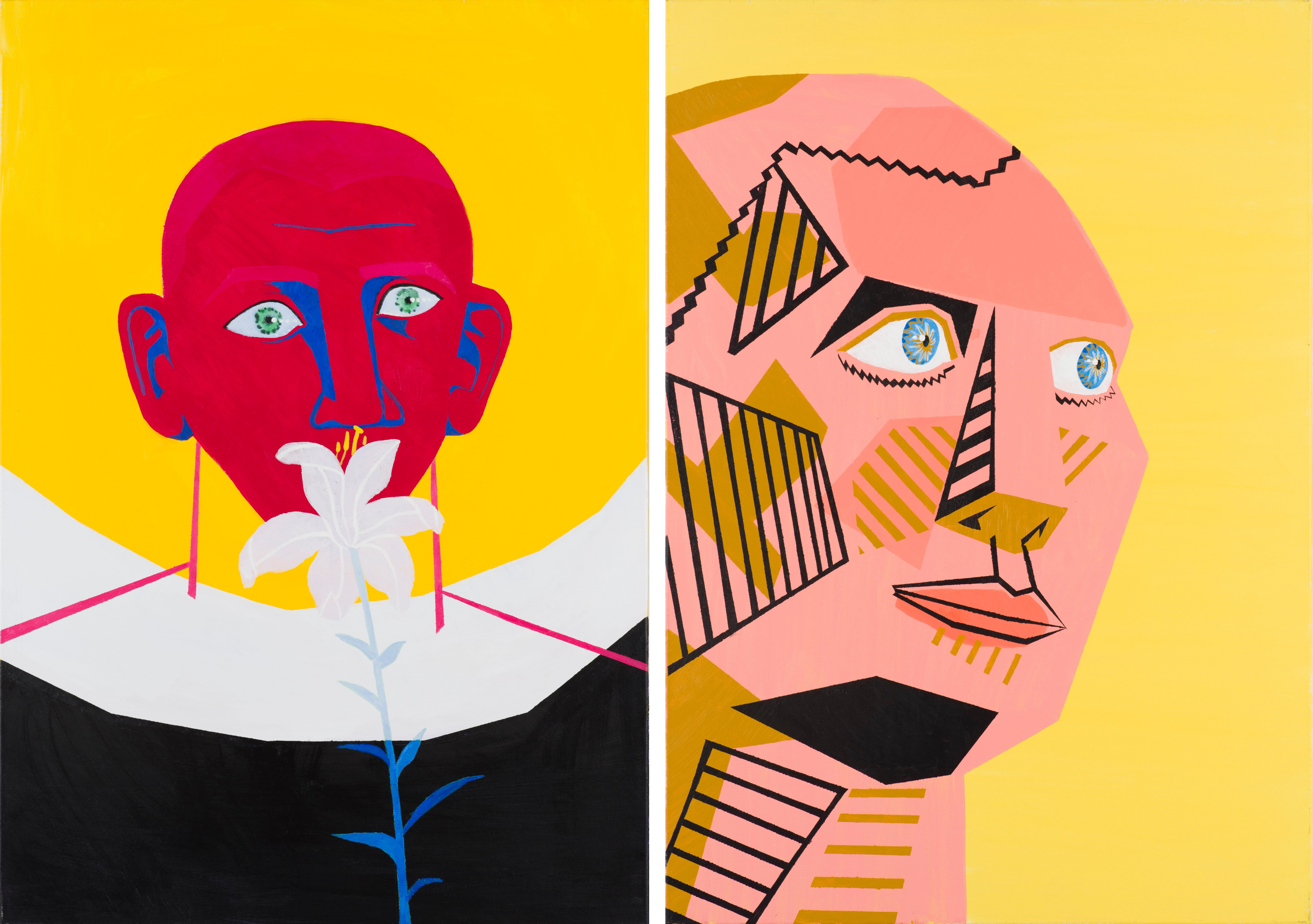 Alexandru Rădvan Figurative Painting - Poetic - Contemporary Art, Yellow, Red, Flower, 21st Century, Portrait, Diptych