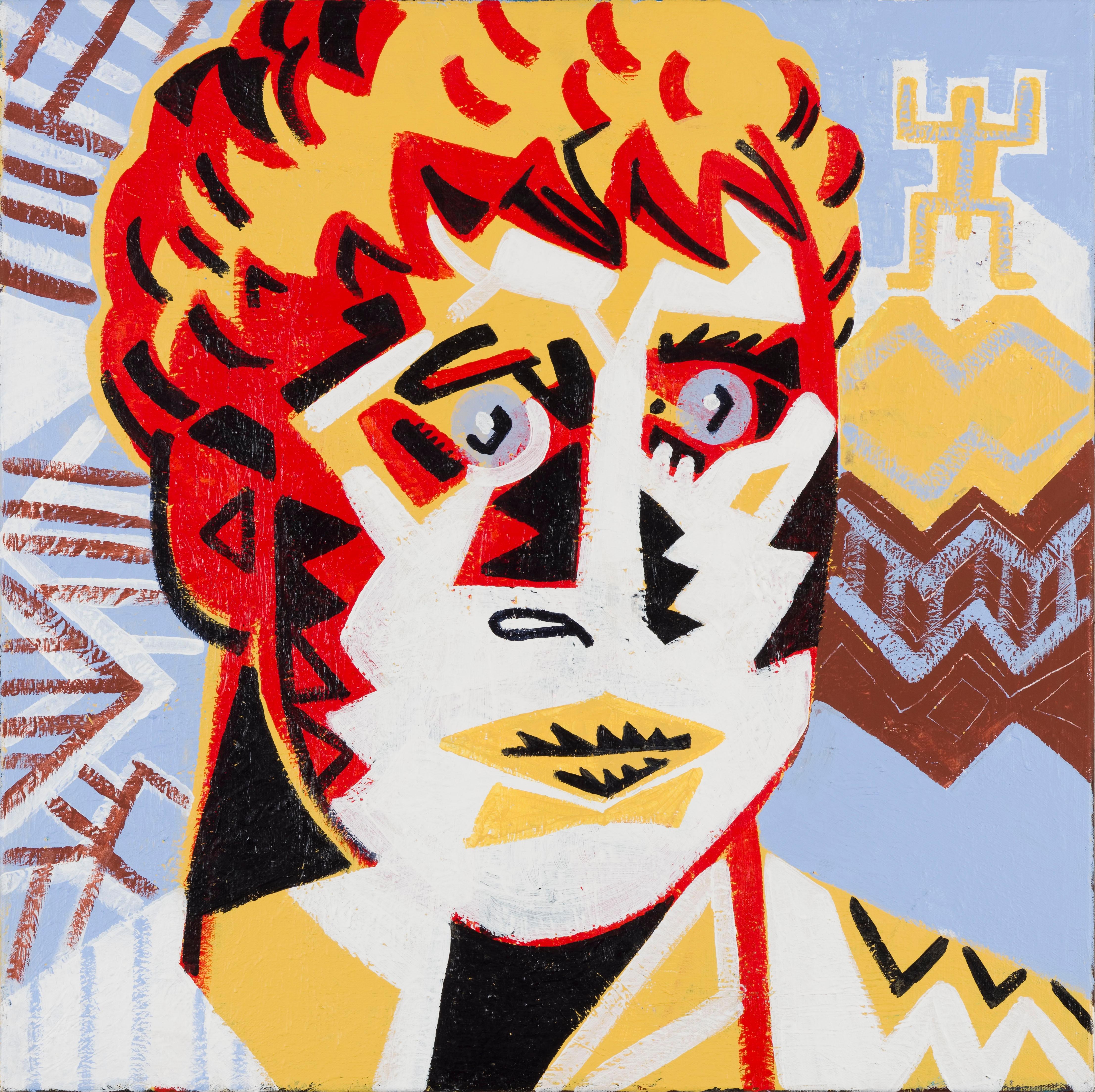 Alexandru Rădvan Figurative Painting - Portrait with totem - Contemporary, Figurative, Red, Yellow, Blue, Nude, Male