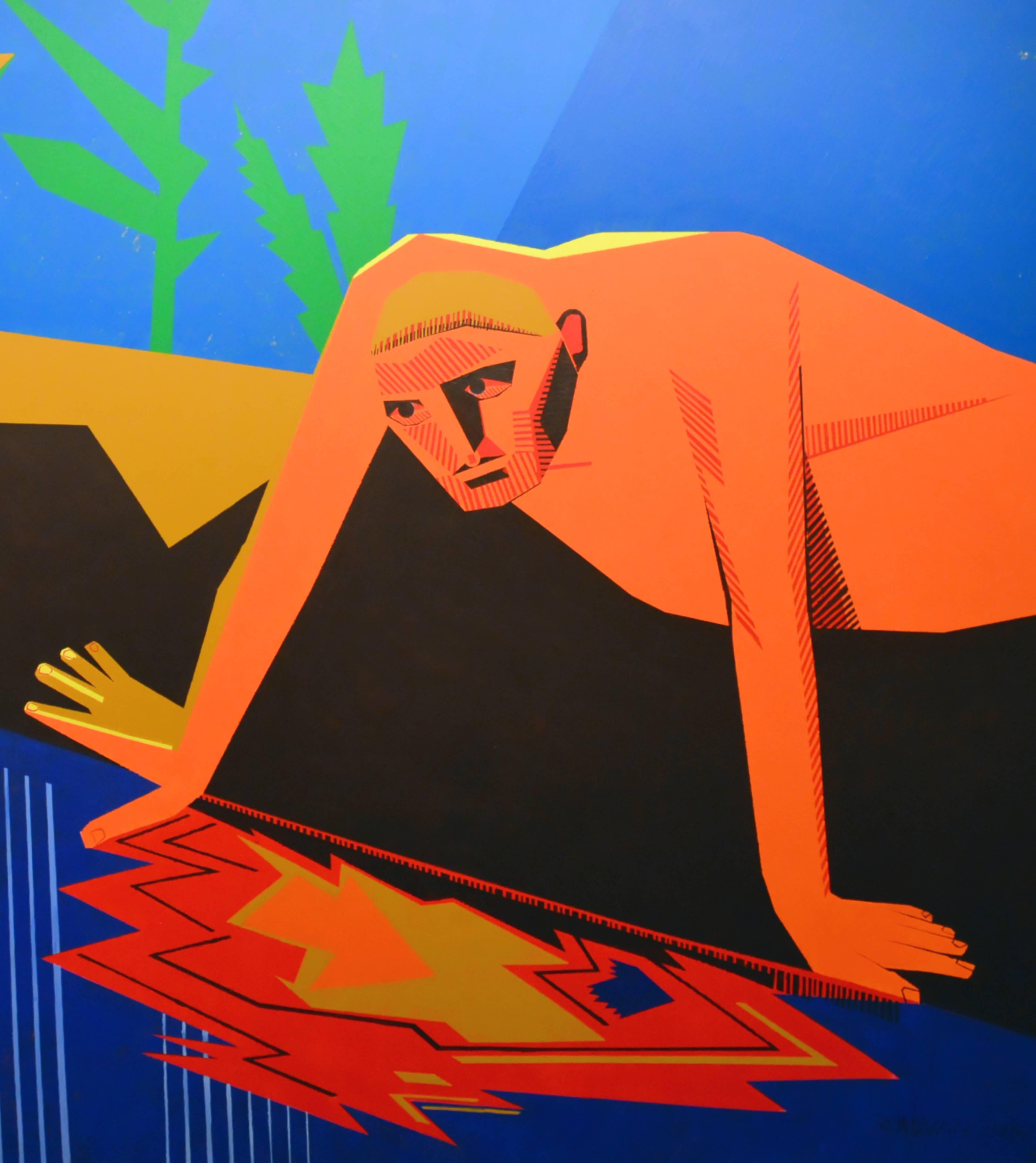 Prokofiev - Contemporary, Blue, Orange, Water, Figurative Painting, Trees, Human - Black Landscape Painting by Alexandru Rădvan