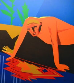Prokofiev - Zeitgenössisch, Blau, Orange, Wasser, Figurative Malerei, Bäume, Mensch