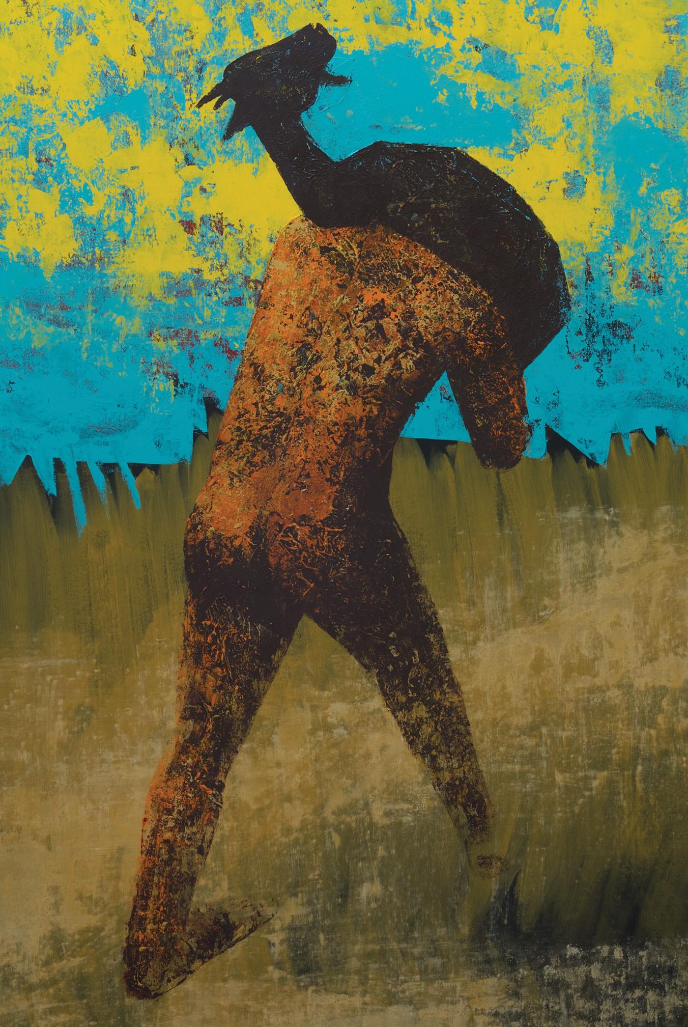 Pseudo Hercules - Man, 21st Century, Mythological, Yellow, Animal - Contemporary Painting by Alexandru Rădvan