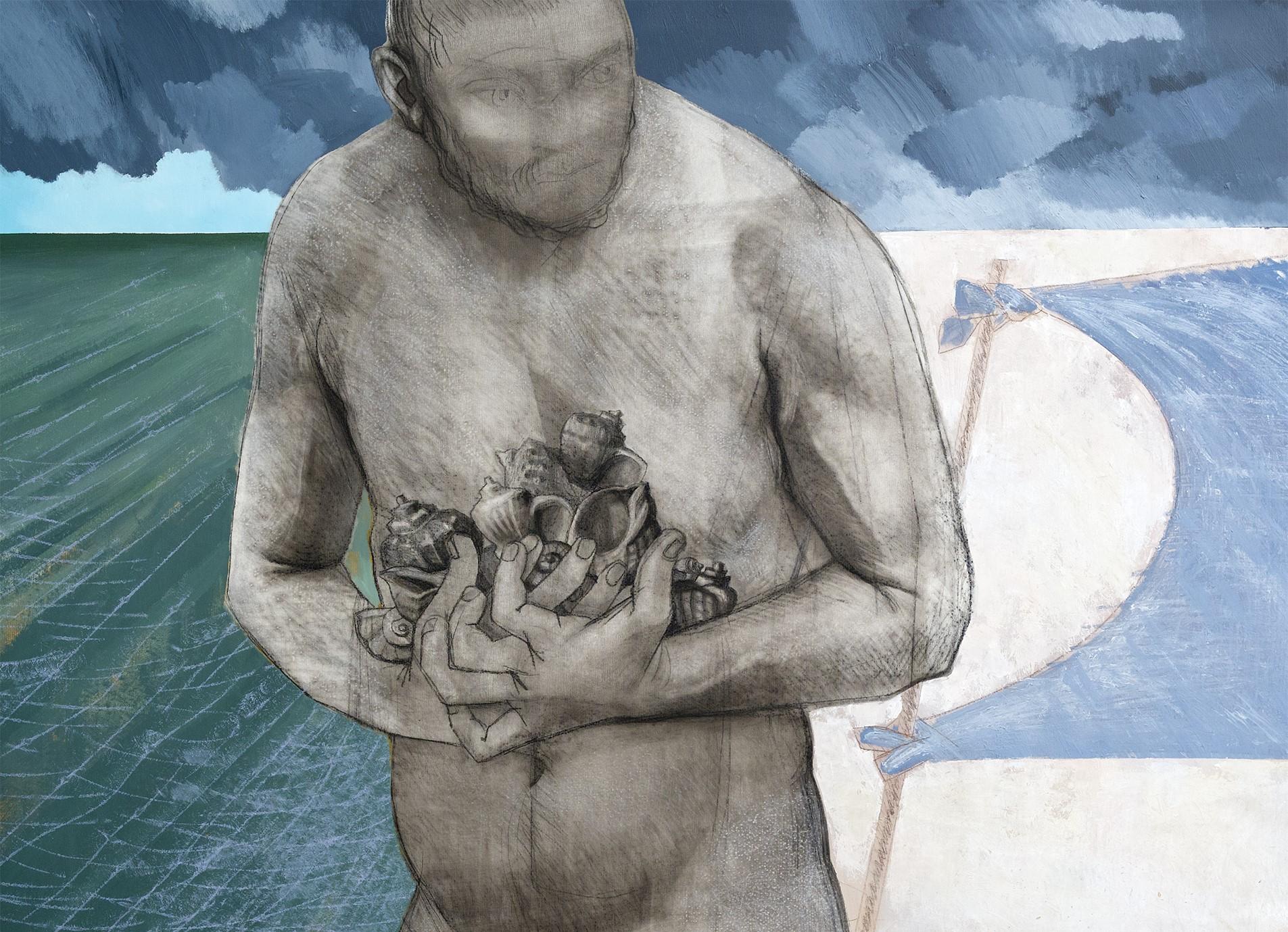 Rapanas, Incoming Storm e Colossus - figurativo, nudo, uomo, spiaggia, grigio, blu - Painting di Alexandru Rădvan