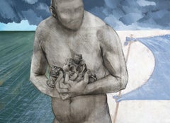 Rapanas, Incoming Storm and Colossus – figurativ, nackt, Mann, Strand, grau, blau