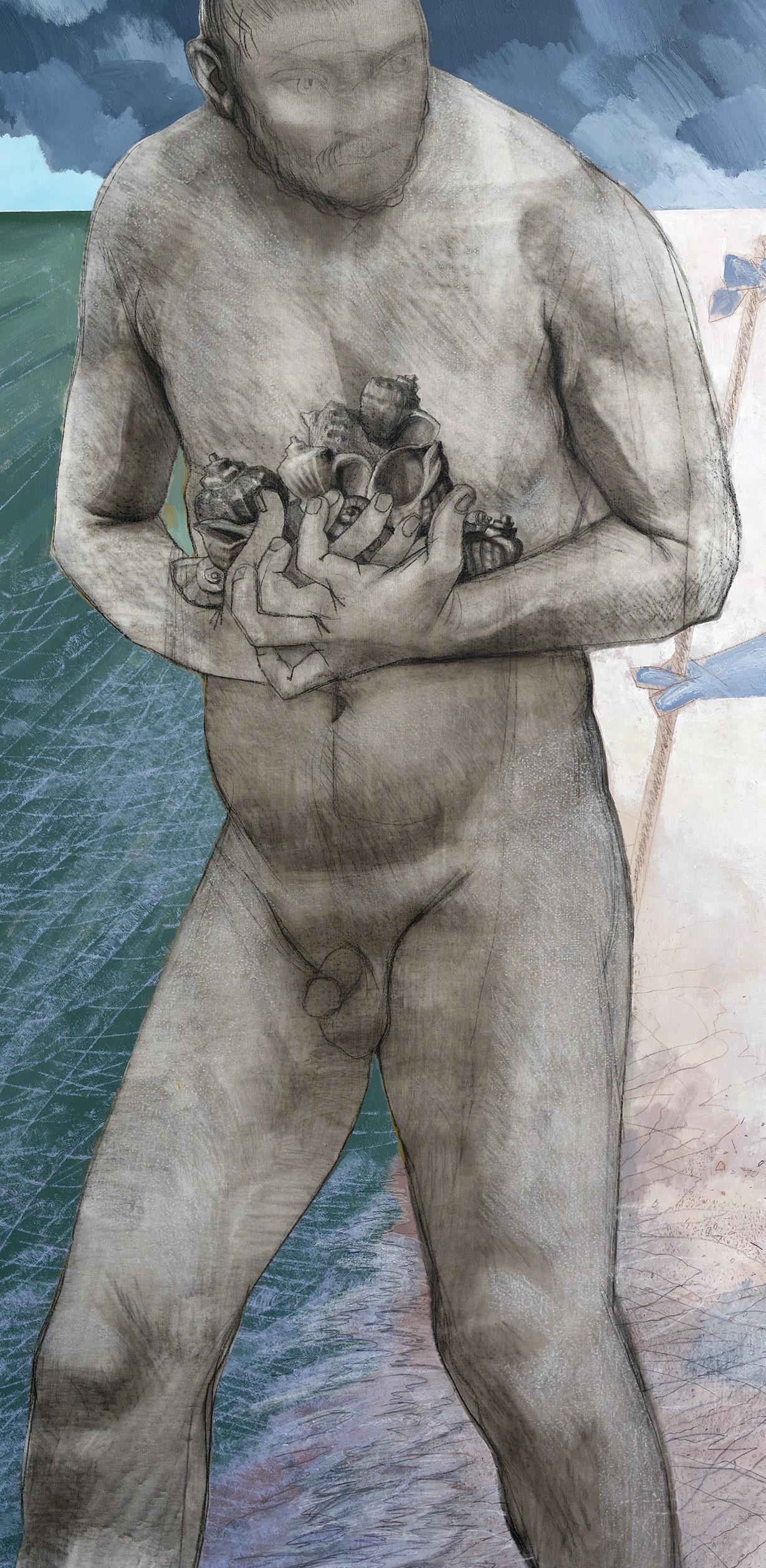 Rapanas, Incoming Storm e Colossus - figurativo, nudo, uomo, spiaggia, grigio, blu - Painting Contemporaneo di Alexandru Rădvan