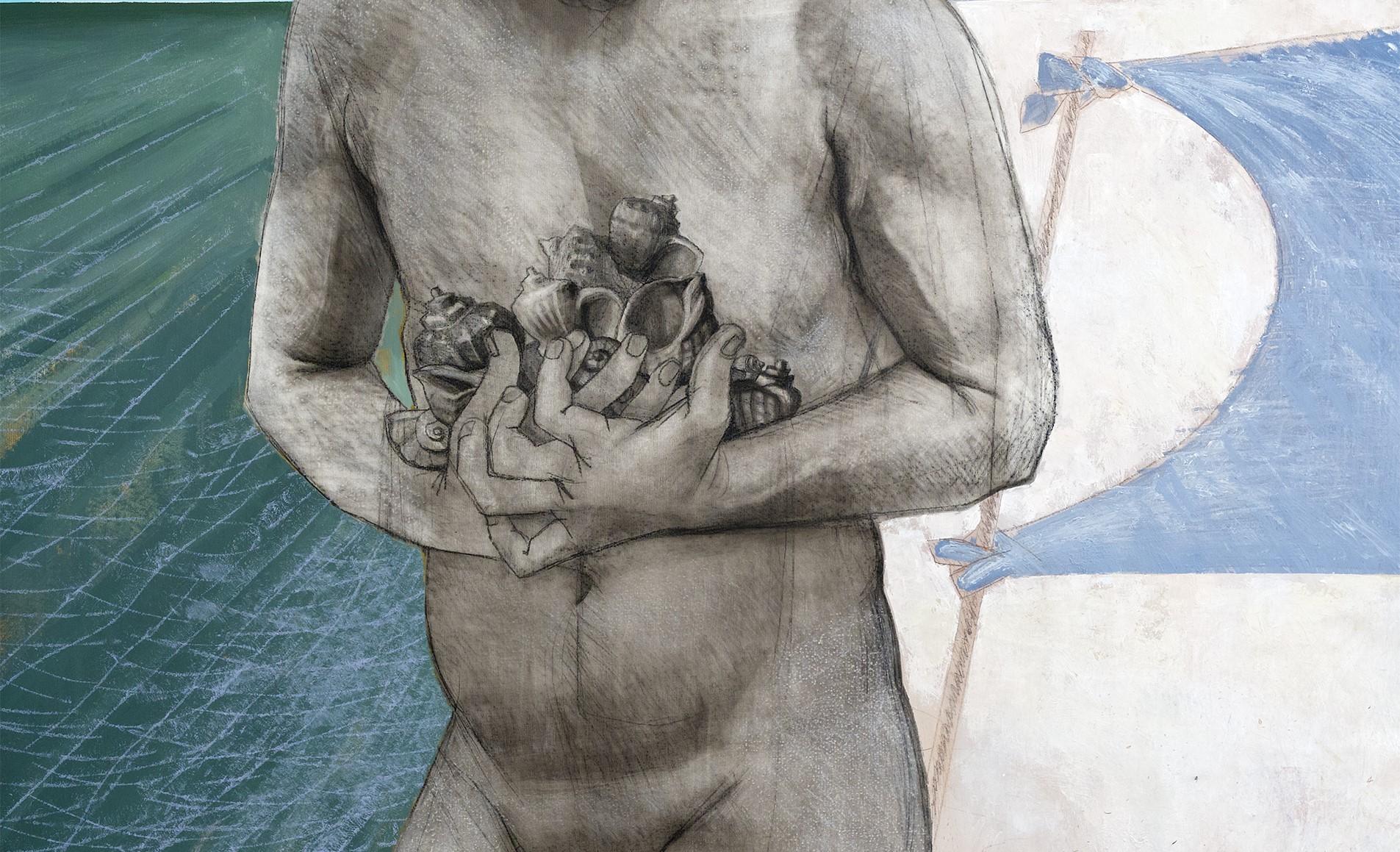 Rapanas, Incoming Storm e Colossus - figurativo, nudo, uomo, spiaggia, grigio, blu - Figurative Painting Grigio di Alexandru Rădvan
