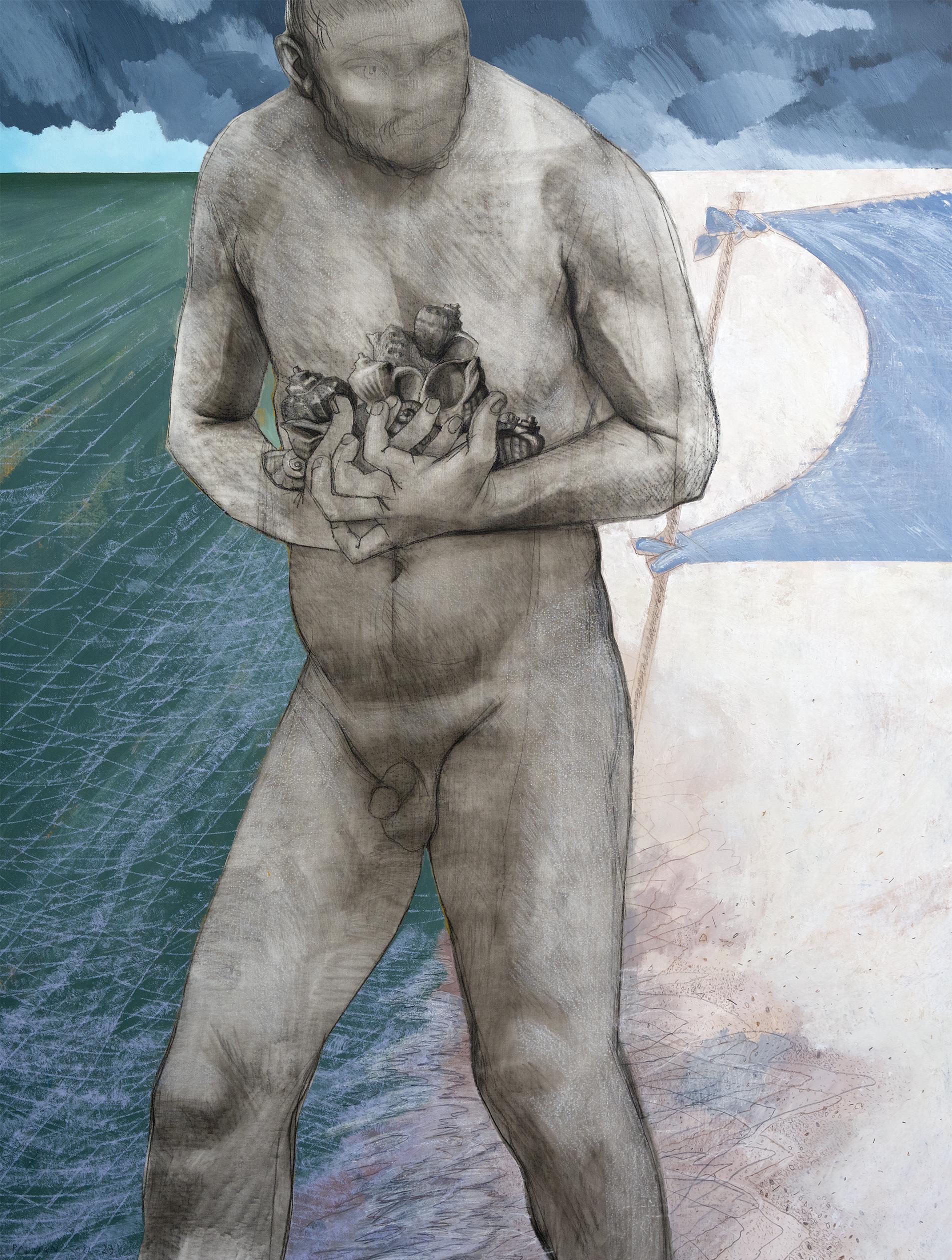 Figurative Painting di Alexandru Rădvan - Rapanas, Incoming Storm e Colossus - figurativo, nudo, uomo, spiaggia, grigio, blu