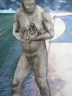 Rapanas, Incoming Storm and Colossus - figurative, nude, man, beach, grey, blue