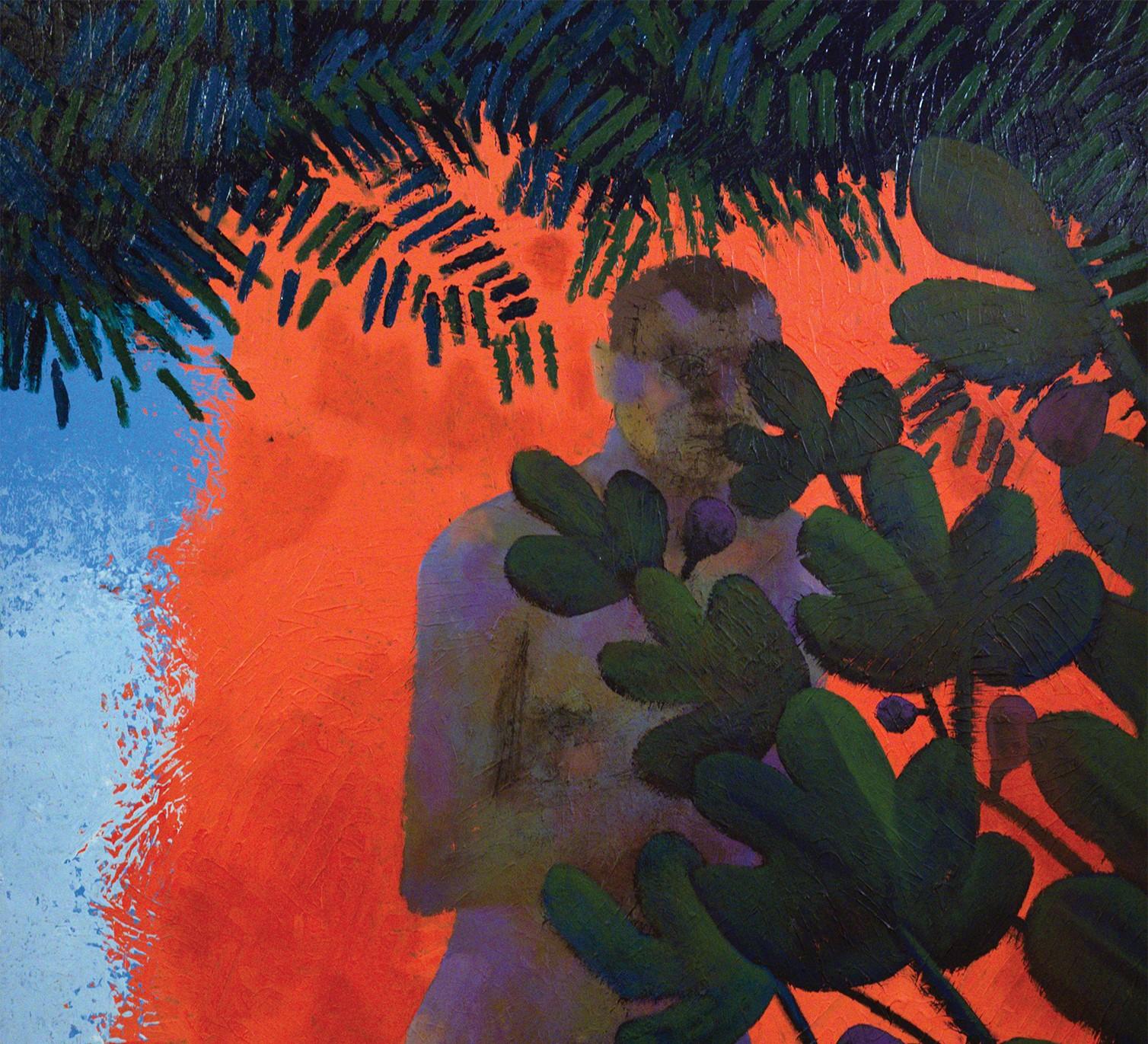 Rouge et figuier - Peinture figurative, homme, rouge, floral, art contemporain - Painting de Alexandru Rădvan