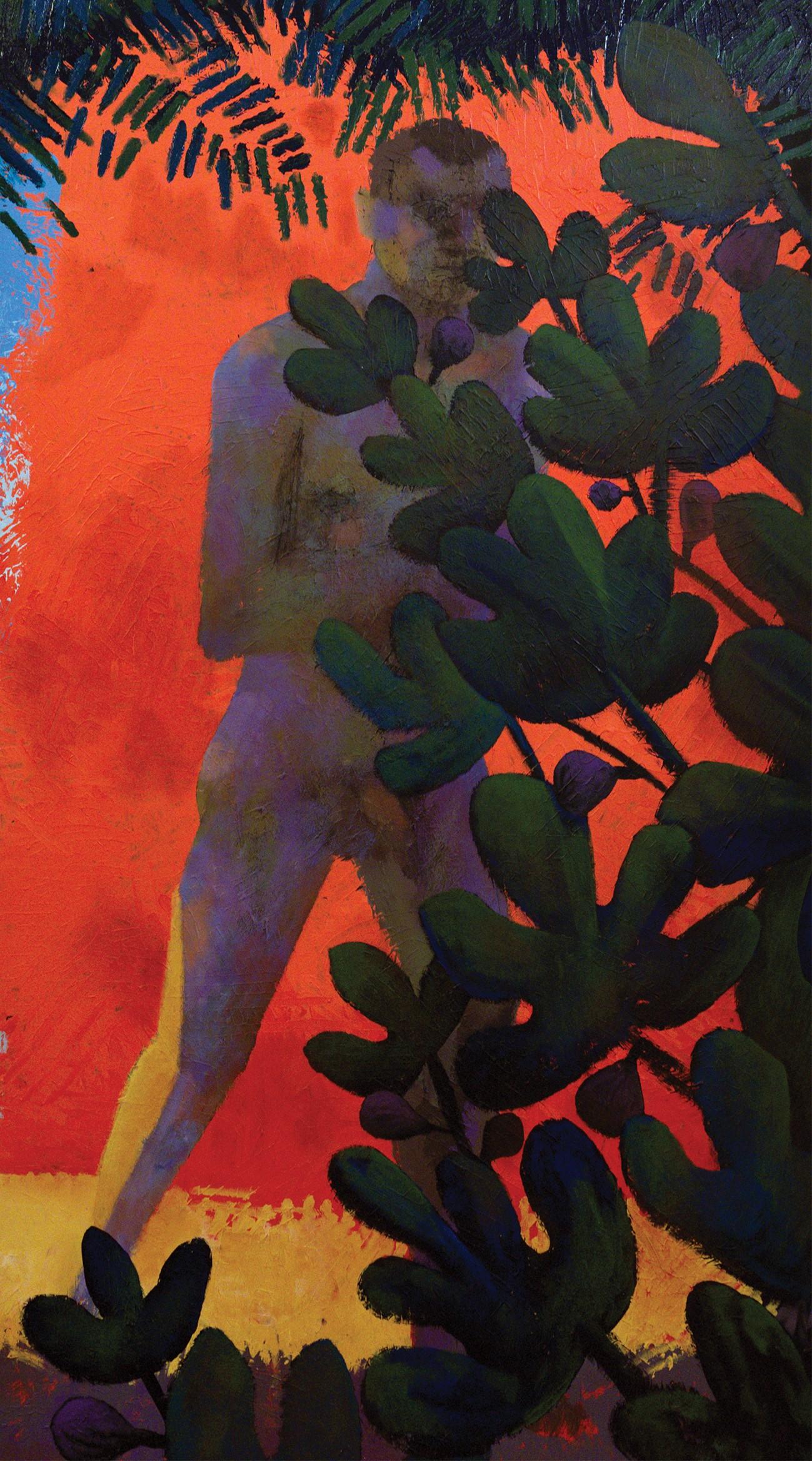 Rouge et figuier - Peinture figurative, homme, rouge, floral, art contemporain - Contemporain Painting par Alexandru Rădvan