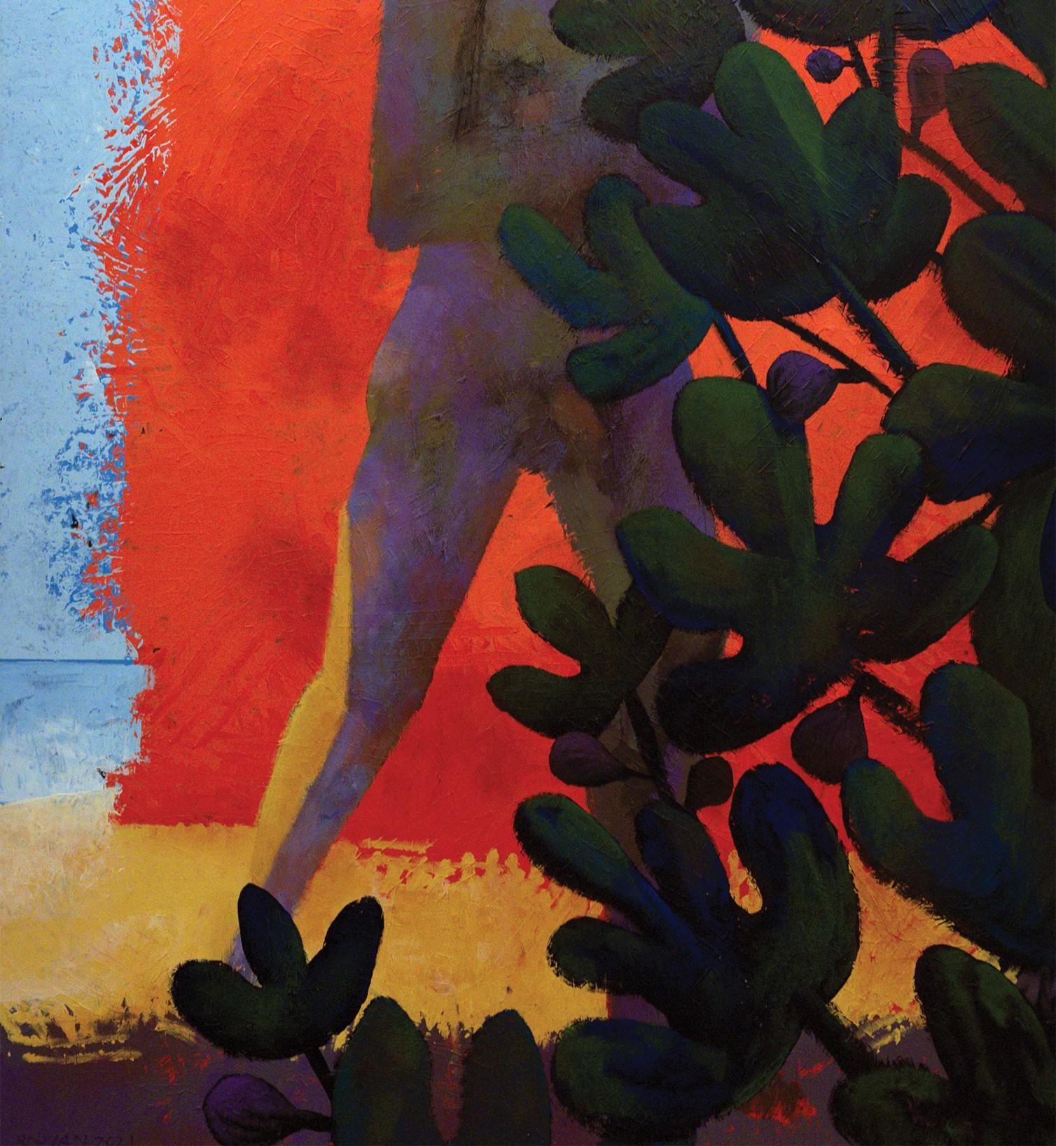 Rouge et figuier - Peinture figurative, homme, rouge, floral, art contemporain - Noir Landscape Painting par Alexandru Rădvan