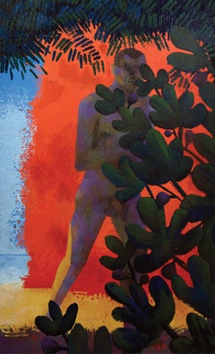Rosso e albero di fico - Quadro figurativo, uomo, rosso, floreale, arte contemporanea