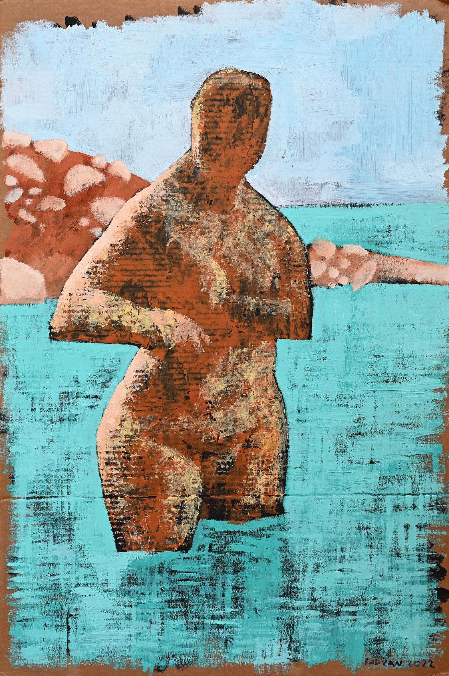 Alexandru Rădvan Figurative Painting – Rotes Schmutz und Meer – 21. Jahrhundert, Wasser, Akt, Landschaft, Figurative Kunst