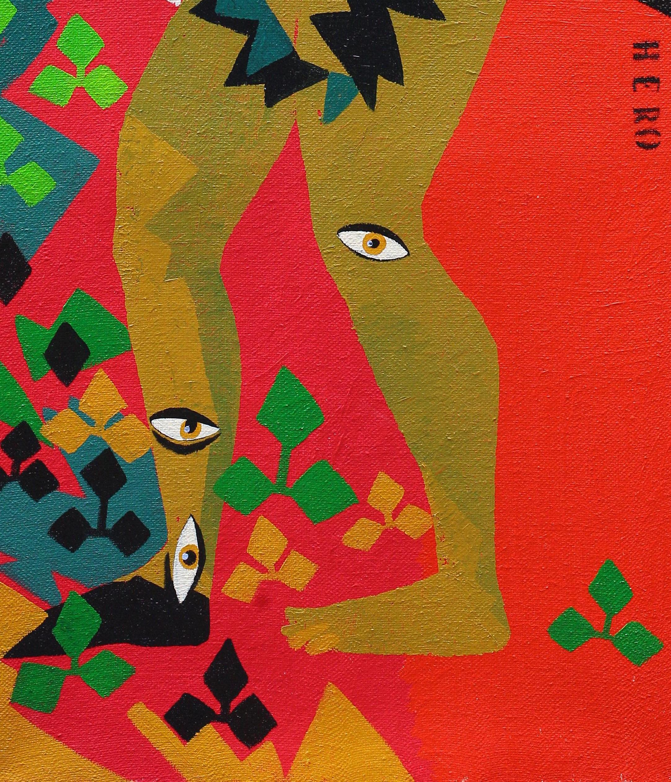 Autorretrato de héroe precavido, 2019
Acrílico sobre lienzo
226 A x 87,5 A cm
88 31/32 H x 34 29/64 pulgadas

Los polifacéticos autorretratos de Rădvan son también una referencia a Narciso, un reflejo de su propio 