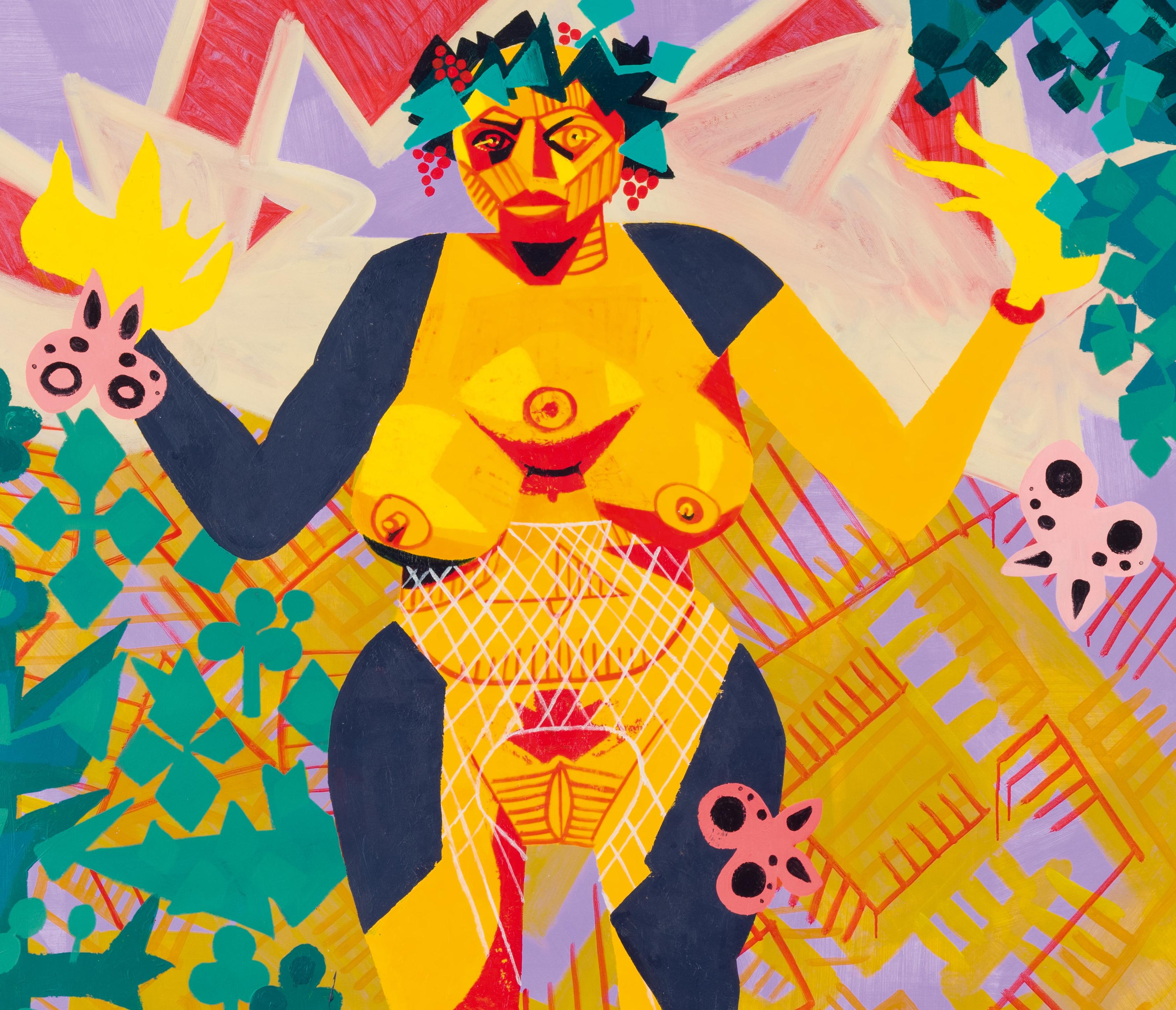 Autoritratto come dea super antica - 21° secolo, Giallo, Verde, Umano - Painting di Alexandru Rădvan