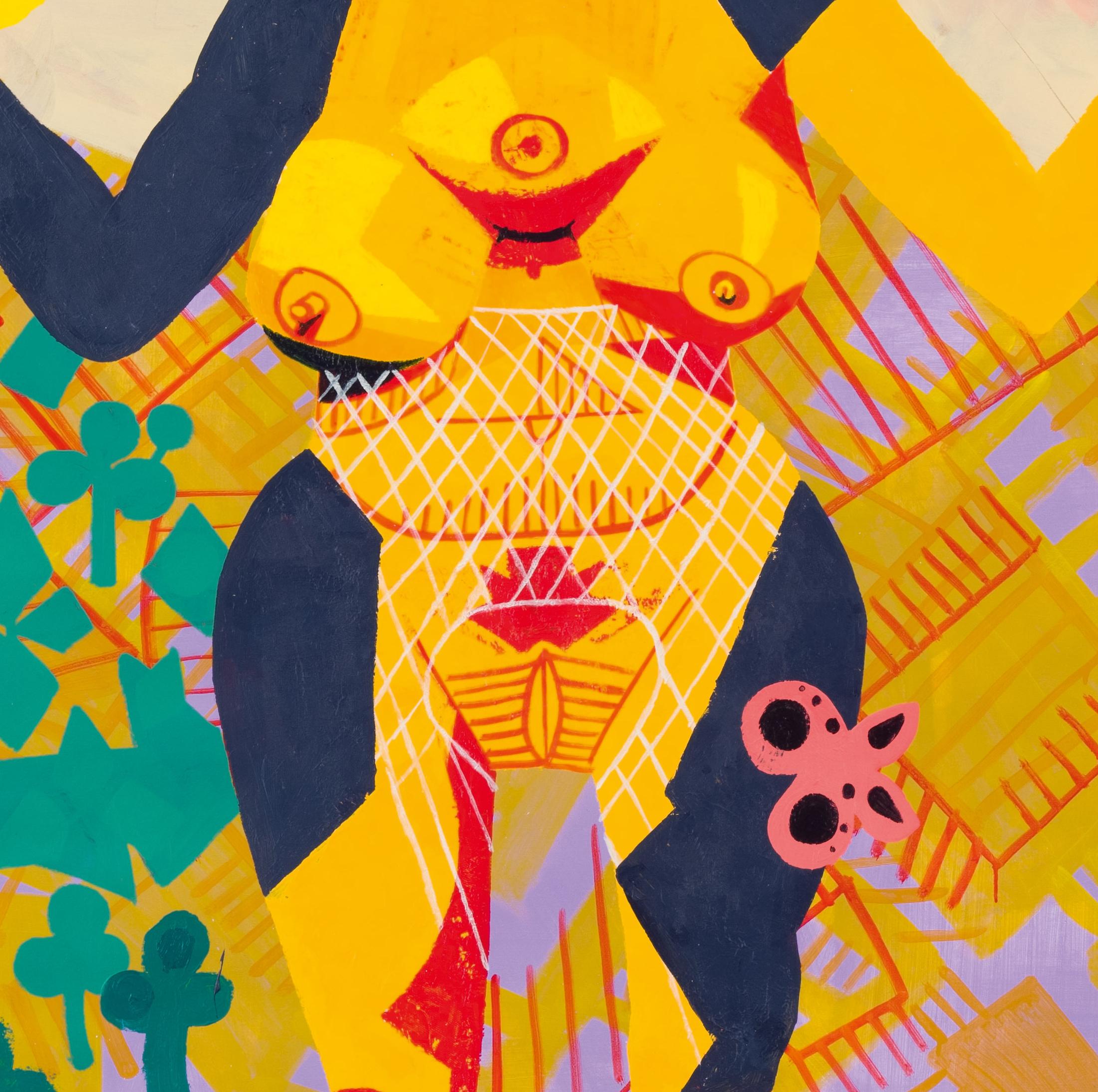 Self Portrait as a Super Ancient Goddess (autoportrait d'une déesse ancienne) - 21e siècle, jaune, vert, humain - Marron Nude Painting par Alexandru Rădvan