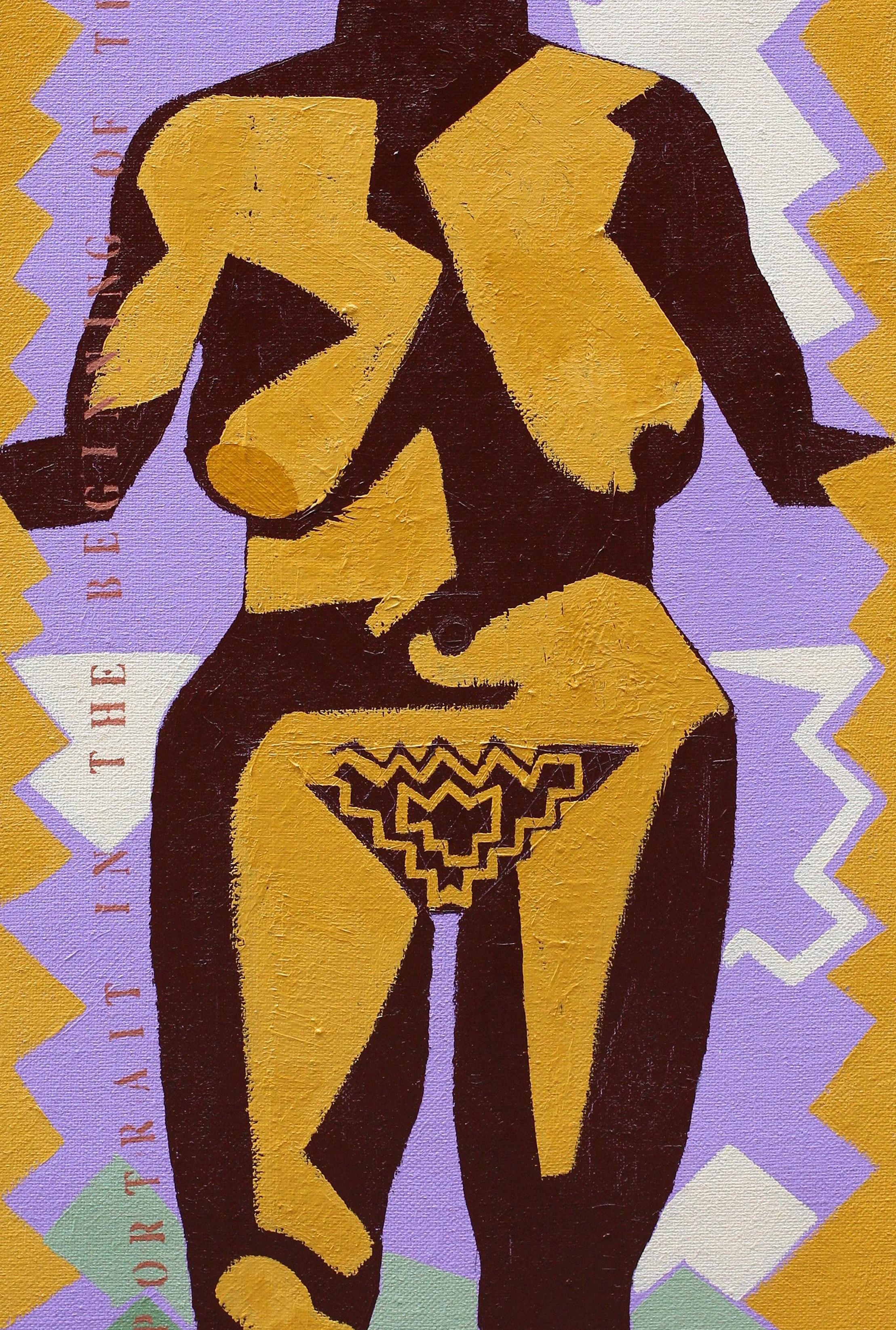 Selbstporträt „Der Beginn der Zeit“ – zeitgenössisch, weiblich, violett, gelb (Zeitgenössisch), Painting, von Alexandru Rădvan