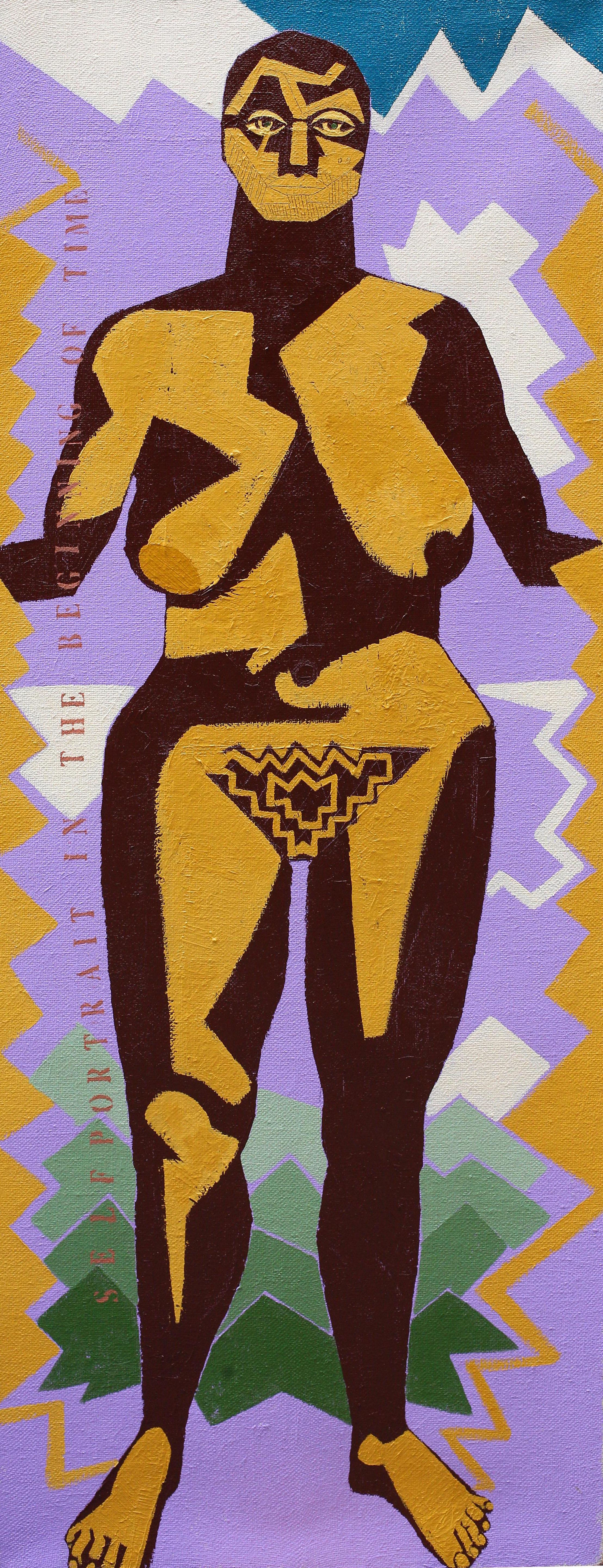 Alexandru Rădvan Nude Painting – Selbstporträt „Der Beginn der Zeit“ – zeitgenössisch, weiblich, violett, gelb