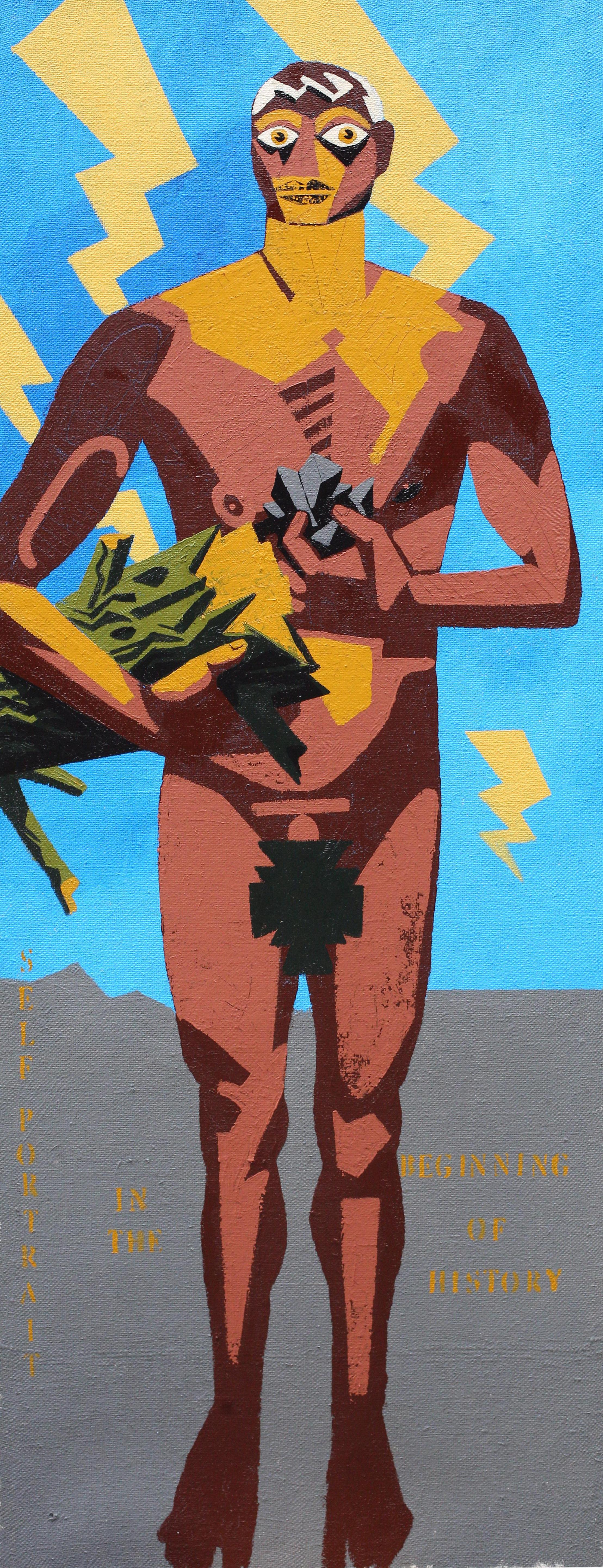 Alexandru Rădvan Nude Painting – Selbstporträt aus dem Beginn der Geschichte - 21. Jahrhundert, männlich, blau, braun