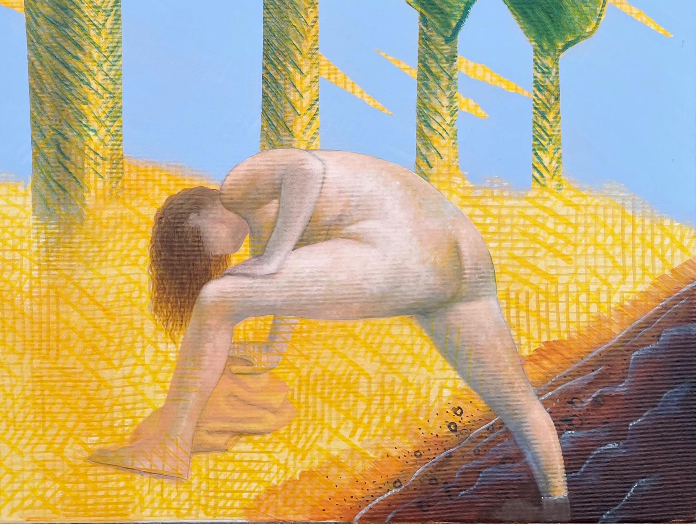 Süd - Zeitgenössisch, Gelb, Blau, Grün, Nude, Wasser, Sommer, Bäume (Braun), Nude Painting, von Alexandru Rădvan