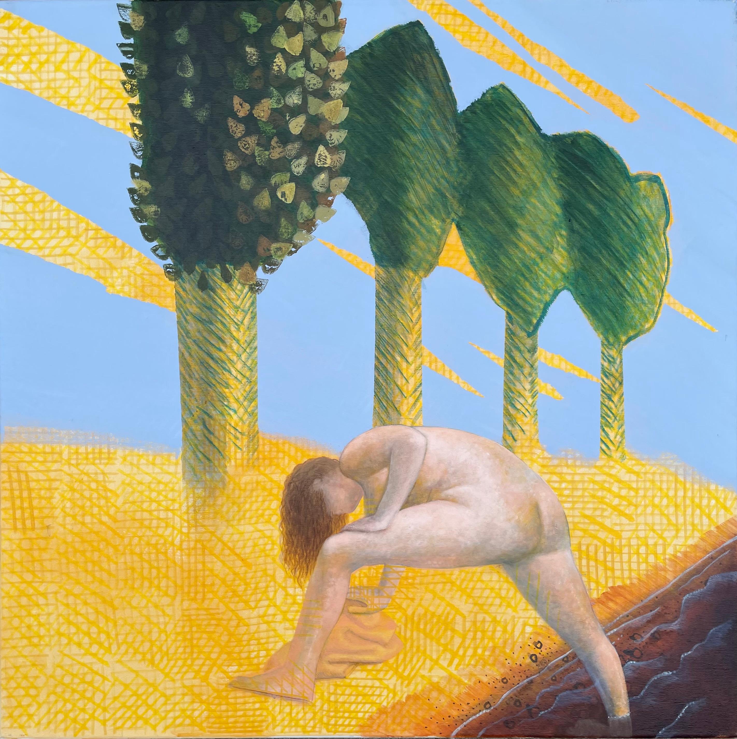 Alexandru Rădvan Nude Painting – Süd - Zeitgenössisch, Gelb, Blau, Grün, Nude, Wasser, Sommer, Bäume